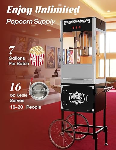 Miniatura 3 de Máquina comercial de palomitas de maíz con carro, auténtica máquina para hacer palomitas de maíz de 16 onzas con plataforma de calentamiento, Negro