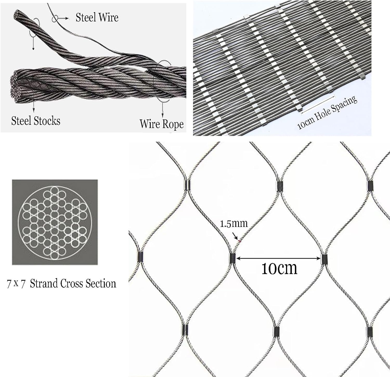 VXHCS Filet de Corde en Acier Inoxydable 304, Grille Métallique Maille Toile INOX, 10cm/1,5mm Filet de Protection Filet de Séparation(1.5x6m)