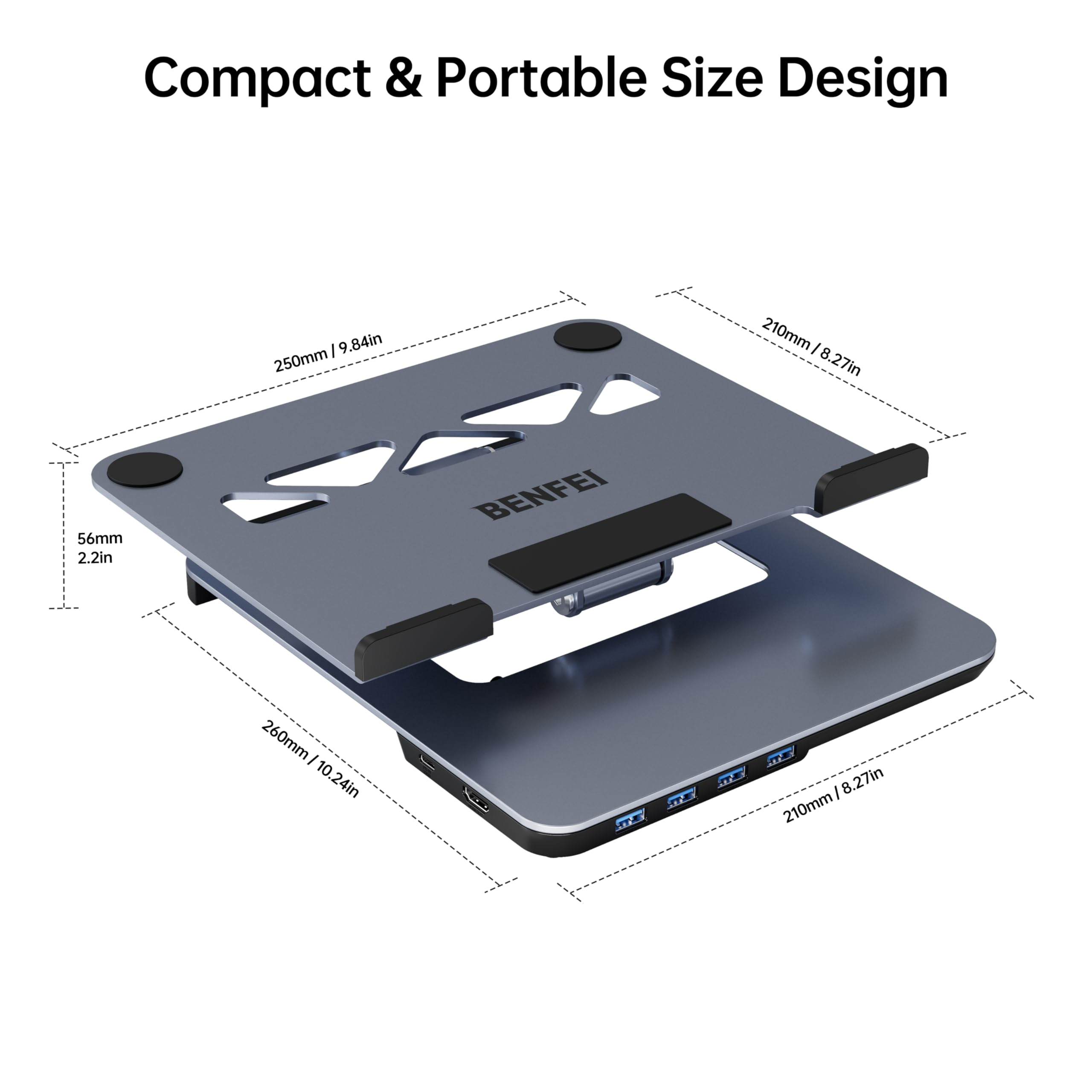 BENFEI Soporte Portátil Mesa Plegable, Aleación de Aluminio Elevador Portatil, con Hub USB C 6 en 1, HDMI 4K@60Hz, 4*USB 3.0, PD 100W Compatible con MacBook Pro/Air, iPad Pro, XPS, Thinkpad