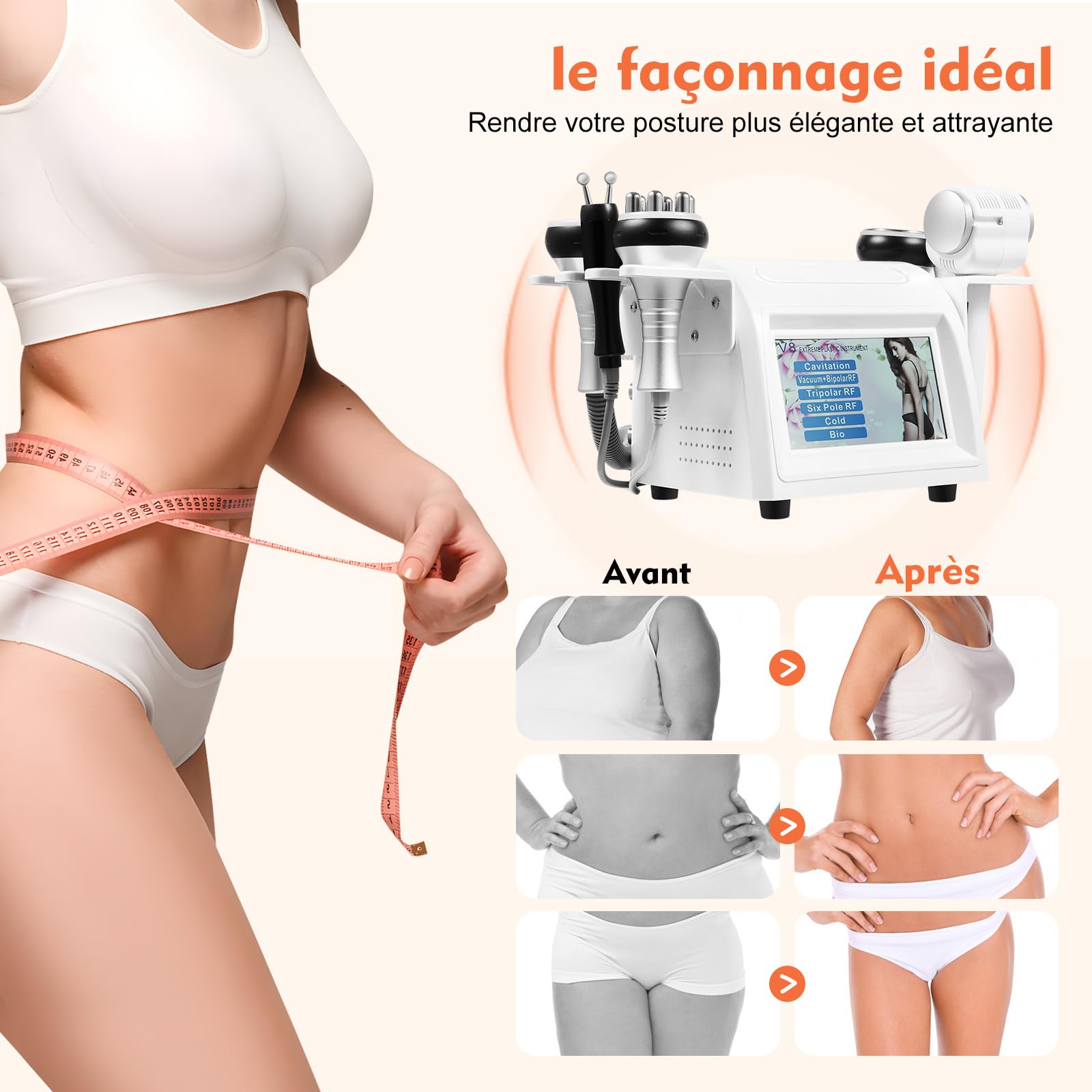 Appareil Minceur 40K, Cellulite, Cavitation 6 en 1, Fréquence Radio, Appareil et Corps, Machine de Beauté Raffermissante et Modelage de la Peau pour Le Corps et Le Visage