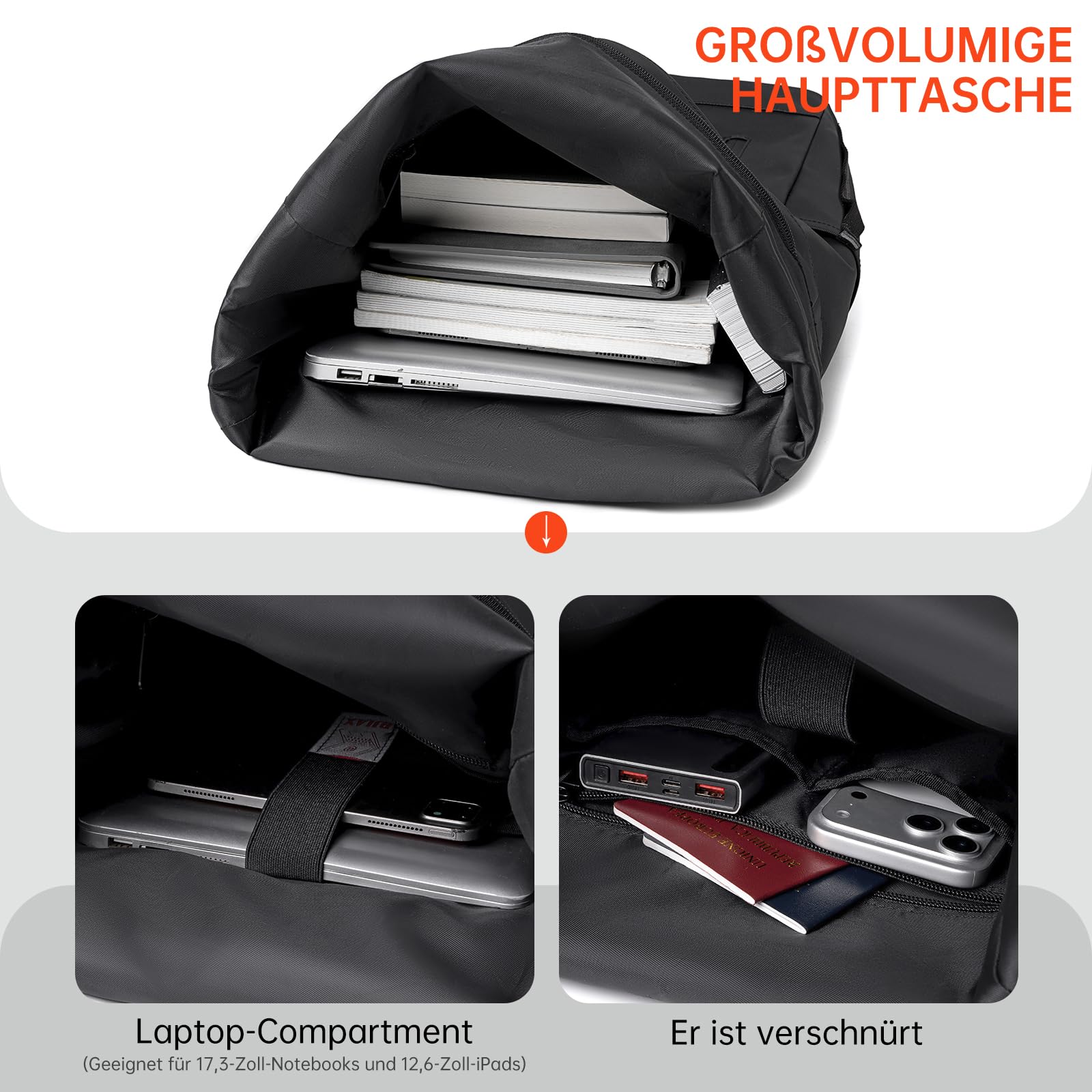Rolltop Rucksack Herren, Wasserdicht Business Laptop Rucksack 16 Zoll | YKK Reißverschluss, Separates Laptopfach, Handgepäck, Für Damen & Reisen