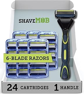 Shave Mob: The Average Joe - Men's Blade Shaving Razor - Non-slip Handle - Precision-Cut Blades - Clog Resistant - Lubrication Strip: Chamomile, Olive Oil, Allantoin (24 Pack with Handle, 6-Blade)