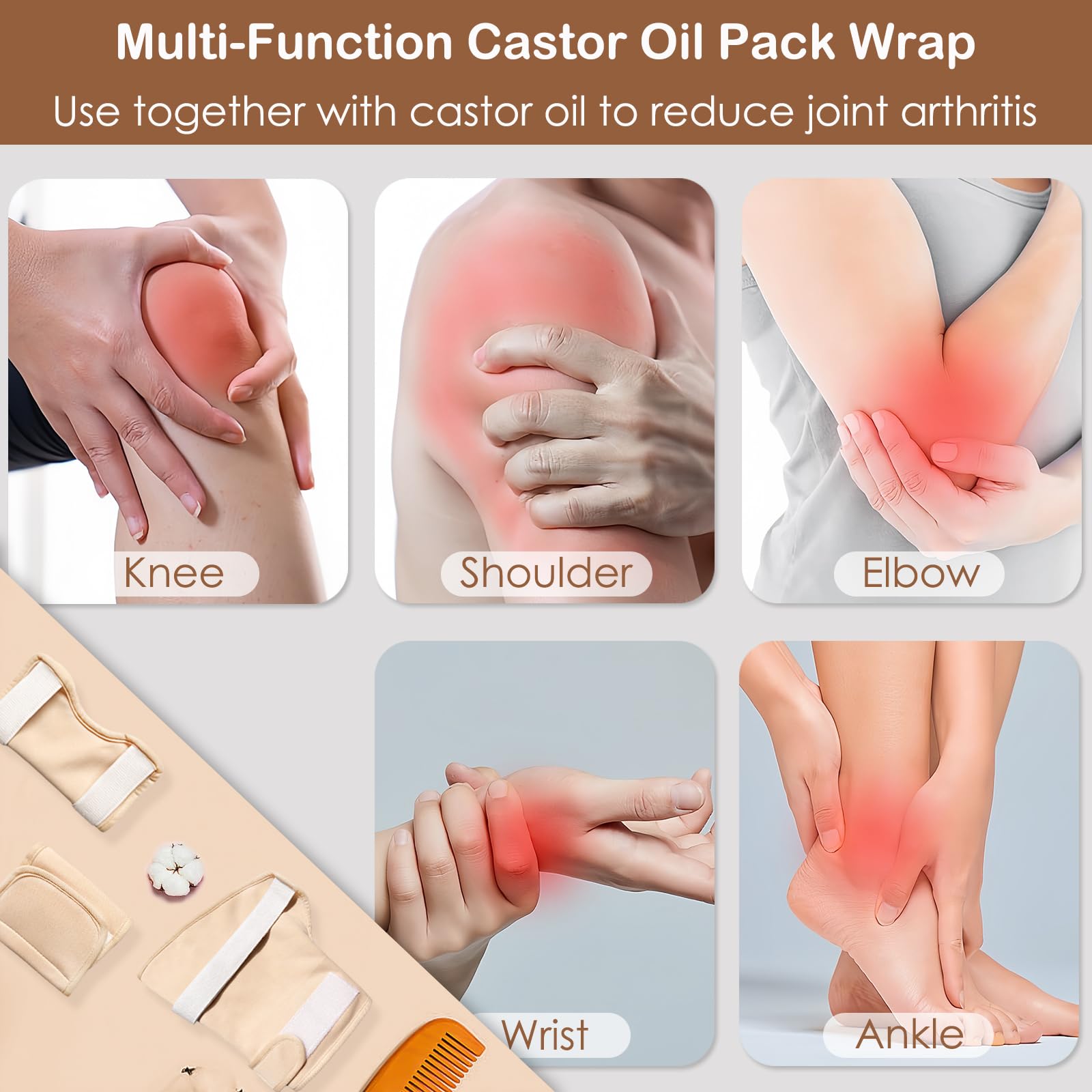 Castor Oil Pack Wrap for Shoulder,Knee,Ankle&Feet,100% Organic Cotton Castor Oil Packs for Joints,Reusable Organic Flannel Cloth for Castor oil,Adjustable Elastic Strap,Anti-Leak&Machine washable