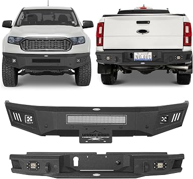 Hooke Road 19-23 Ranger Front and Rear Bumper Set for 2019-2023 Ford Ranger Pickup, Offroad Heavy Duty Steel Bumpers with LED Lights & Sensor Mounting Holes