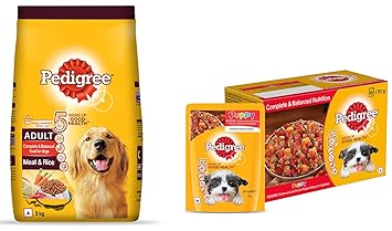 Pedigree Adult Dry Dog Food, Meat & Rice, 3kg Pack & Pedigree Puppy Wet Dog Food, Chicken and Liver Chunks Flavour in Gravy with Vegetables, 15 Pouches (15x70g)