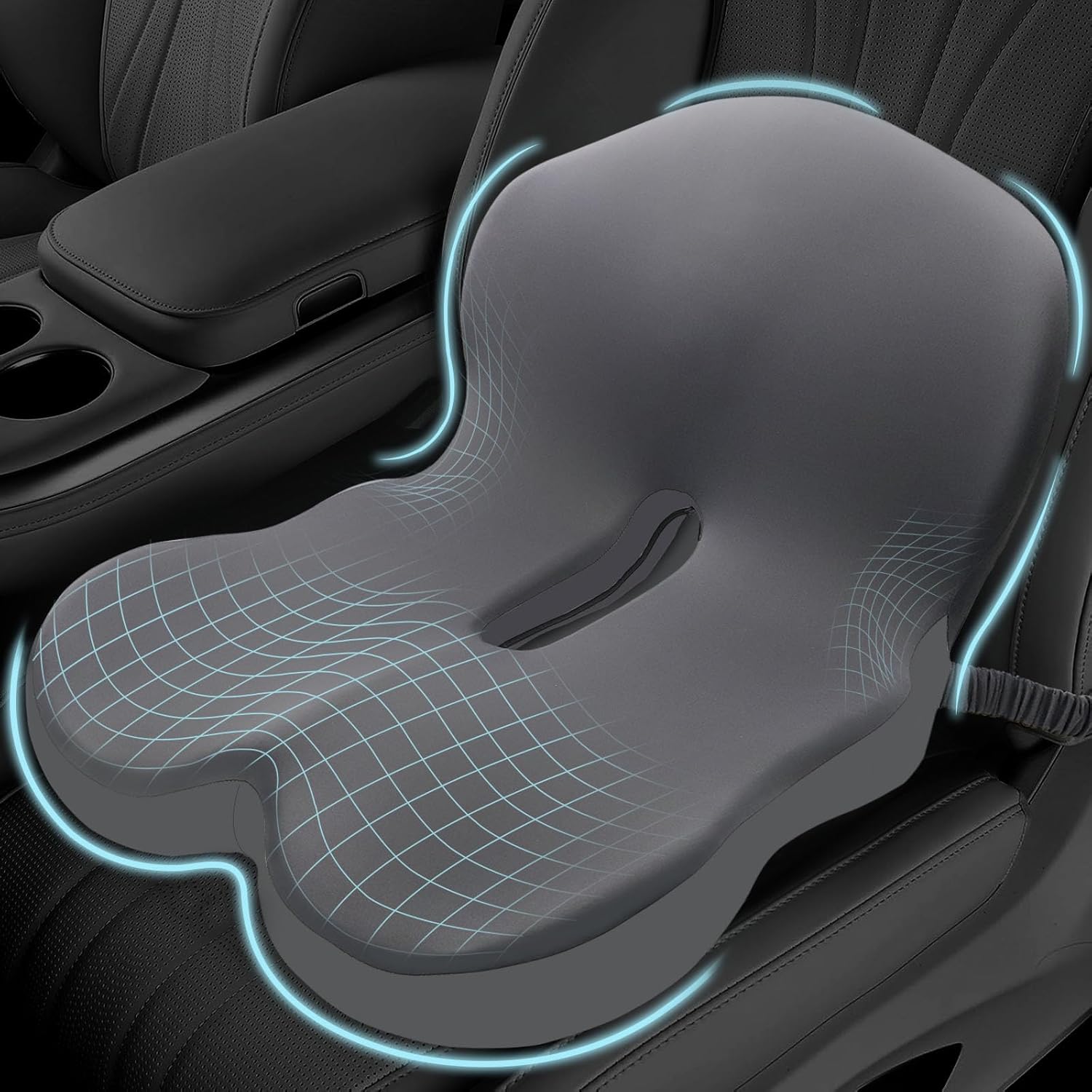 Seat Cushion for Truck Driver with Adjustable Strap, Memory Foam Chair Cushion for Sciatica, Back, Tailbone Pain Relief, Intimate Ventilation, Non-Slip & Airy Cover, Dark Gray