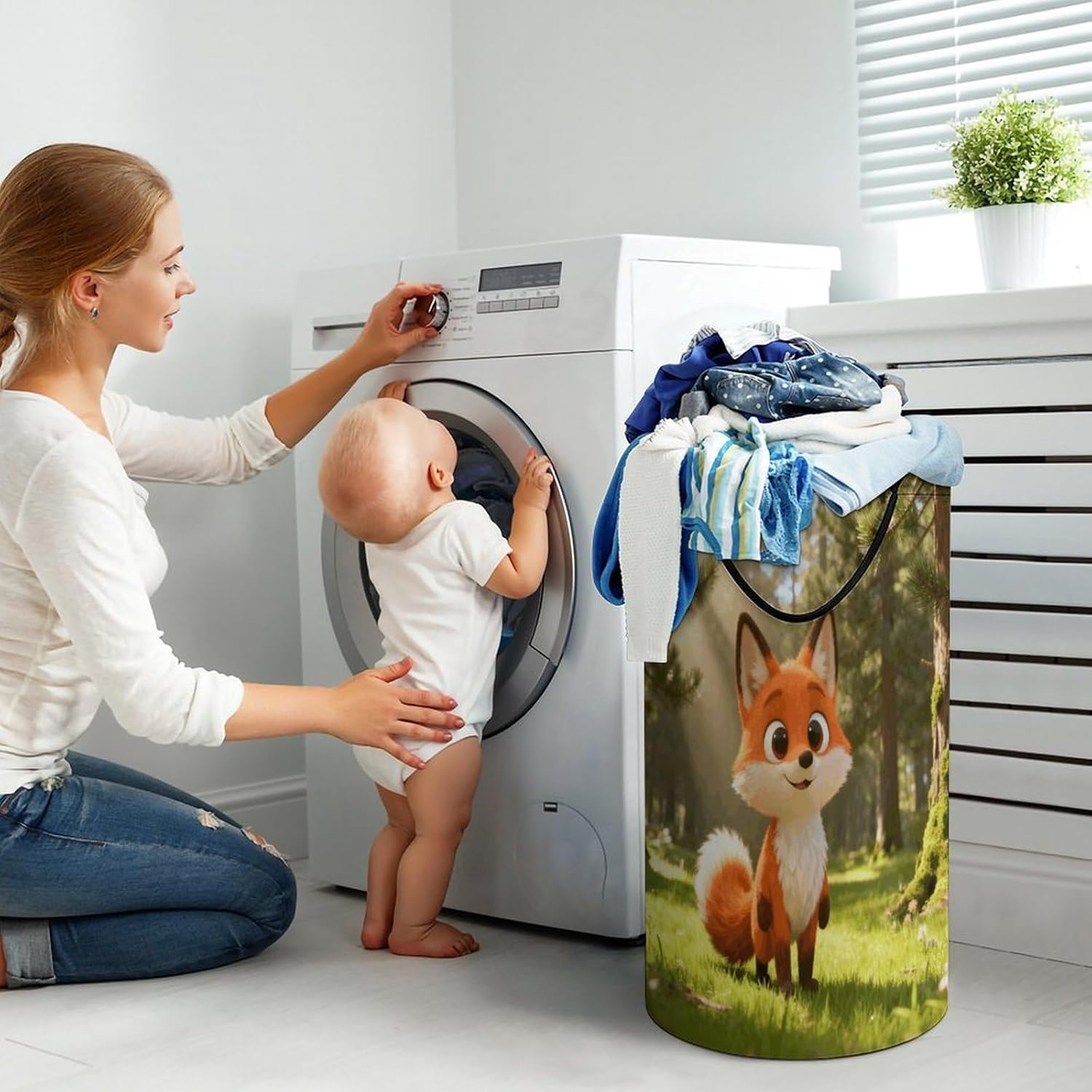 Fox Cartoon Cute Laundry Hamper with Handles Waterproof Collapsible Laundry Basket Large Lightweight Round Dirty Clothes Hamper for Home Dorm Bathroom Decor