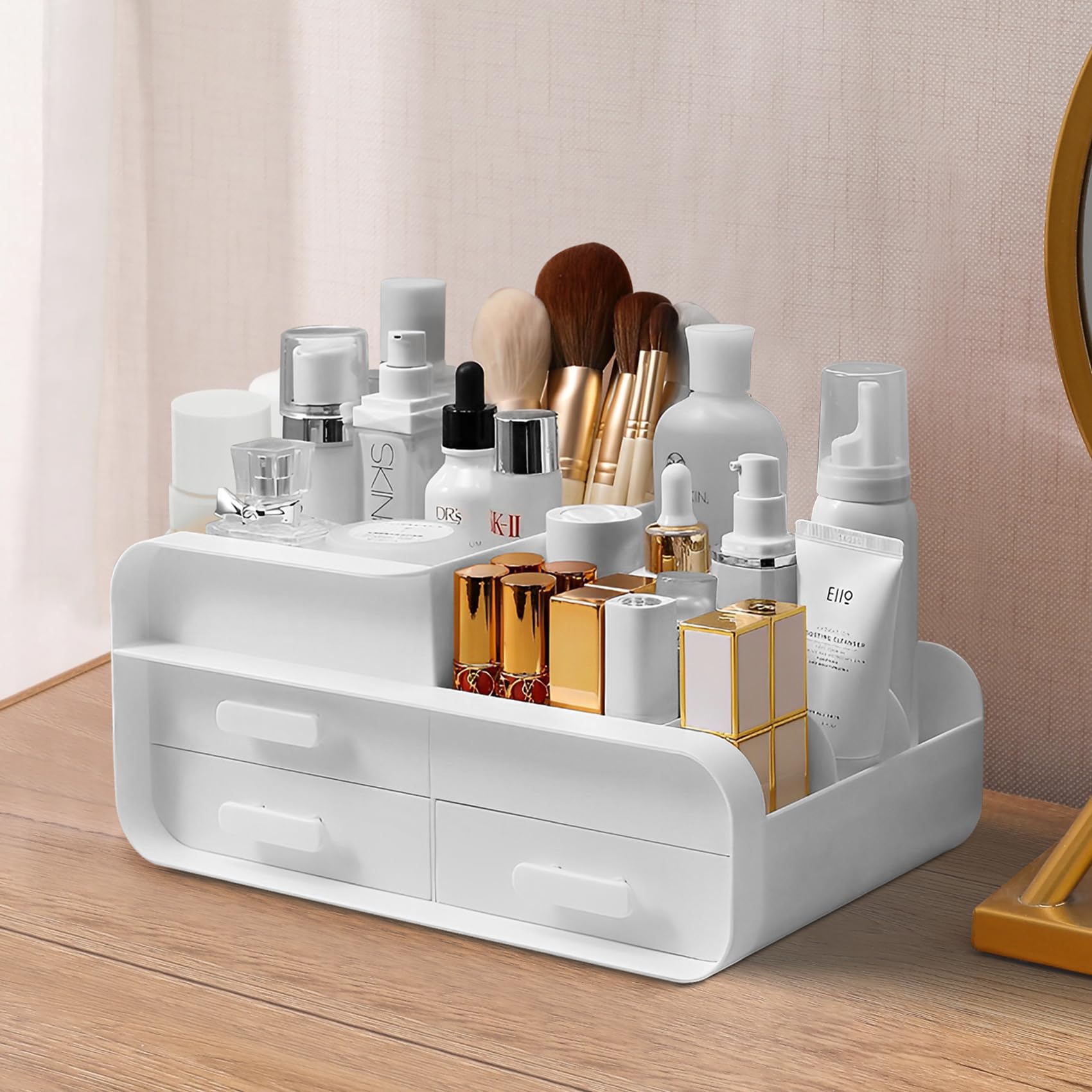 Makeup Organizer for Vanity, Cosmetics Organizer with 3 Drawers, Large Capacity Cosmetics Display Cases for Cosmetics, Skincare, Makeup Brushes, Perfume, Jewelry, Ideal for Bedroom&Bathroom (White)