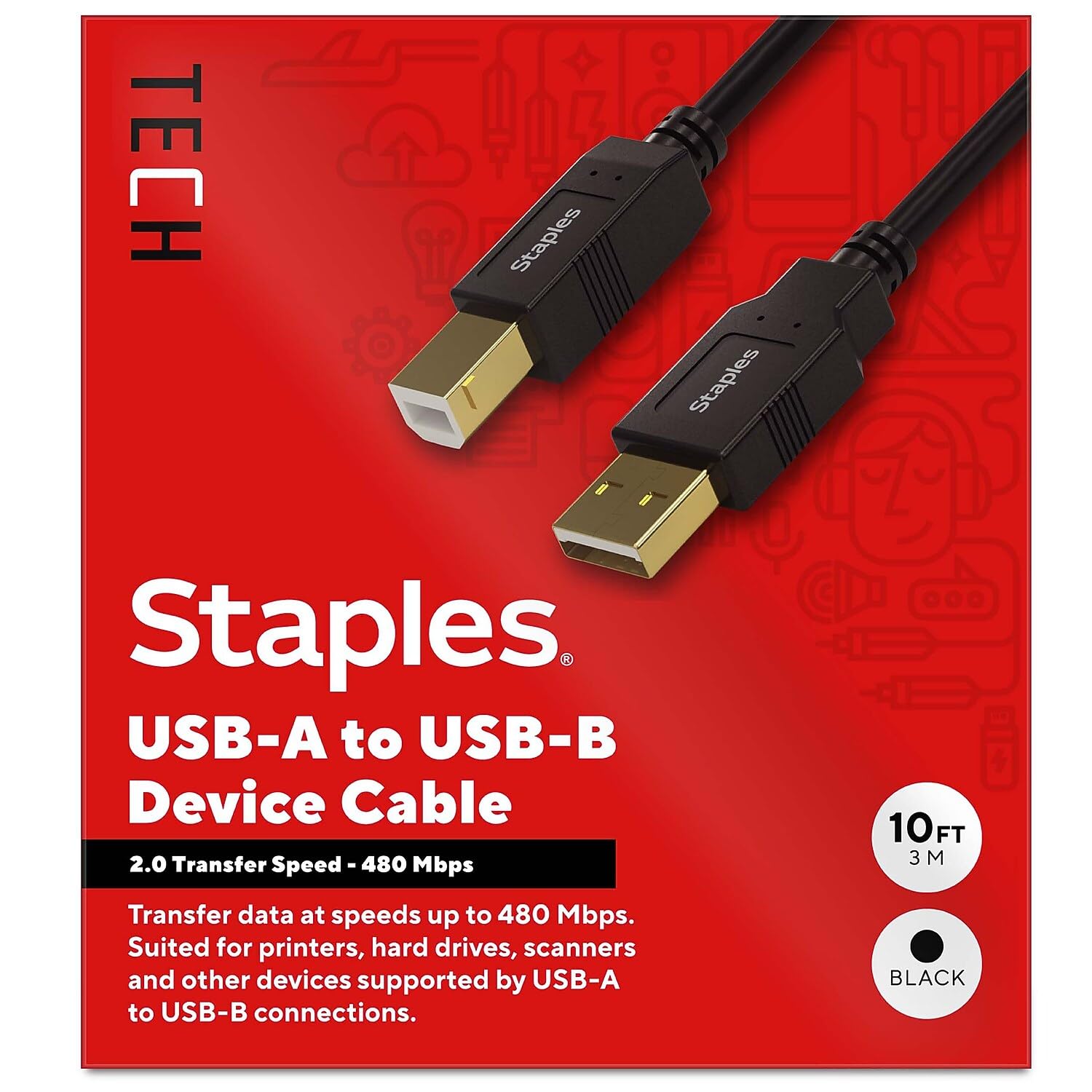 Staples TECH Kabel USB-A na USB-B 2.0, męski na męski, czarny (ST62443)