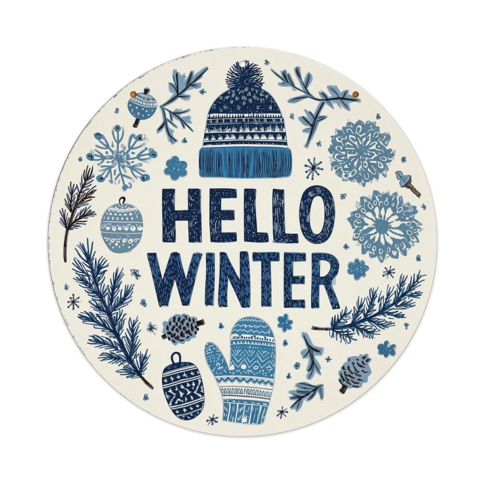 Winter Hat Snowflake Pinecone Mitten Vintage Round Tin Sign Retro Metal Wall Decor Metal Poster, Home Bar Garage Cafe Wall Art Decoration 8x8Inches