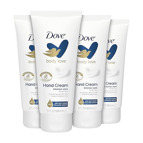 Dove Body Love Crema hidratante de manos para piel áspera o seca, cuidado intenso suaviza y suaviza 3 onzas, 4 unidades