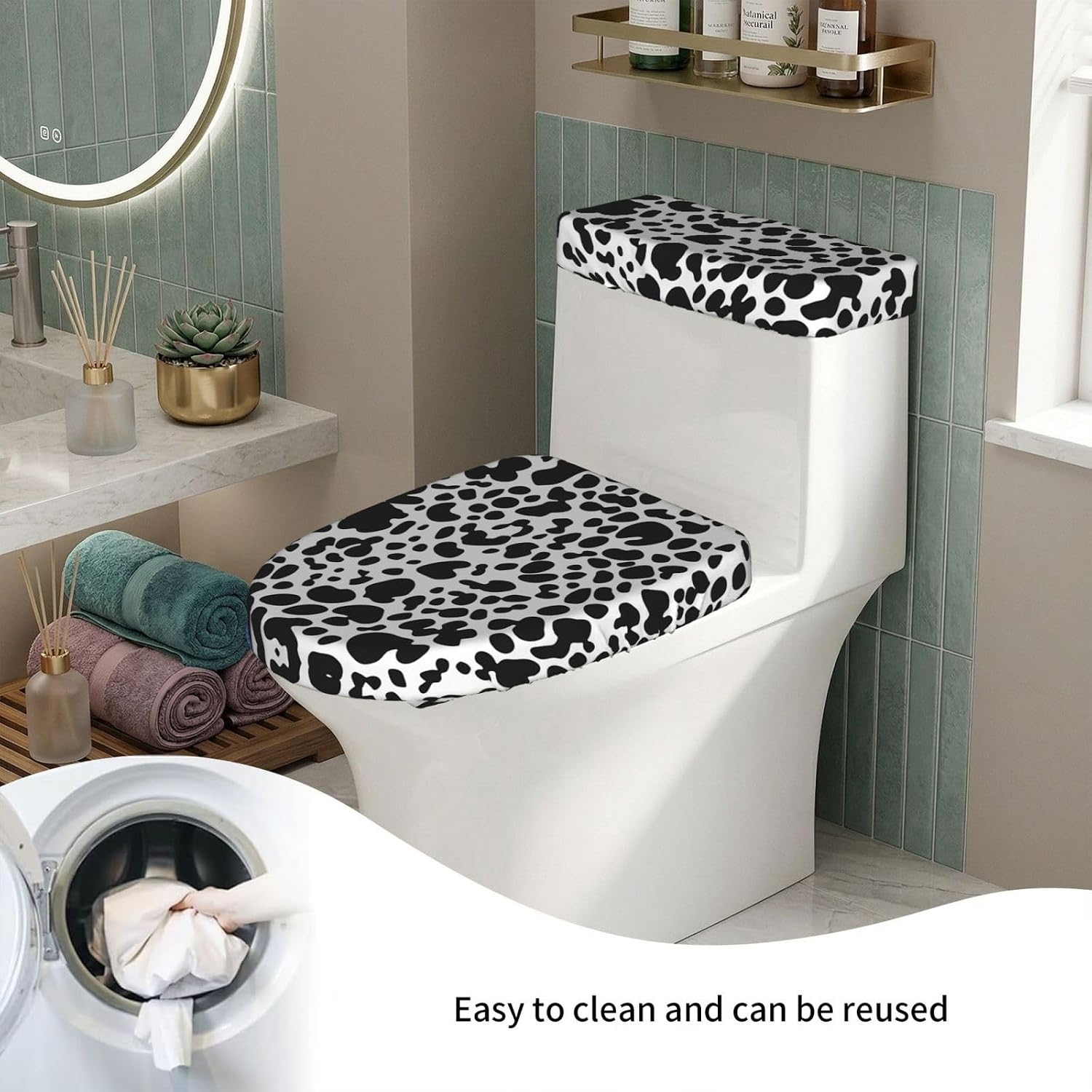 2 Pcs Toilet Lid Cover and Toilet Tank Lid Cover, Washable Toilet Cover with Elastic Bottom Replacement Soft Stretch Toilet Seat Cover Set Black and white Leopard Print Bathroom Decor image 5