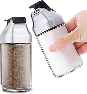 Glass Salt and Pepper Shakers Set - Moisture Proof Salt Shaker with Plastic Lid - Refillable Spice Dispenser for Kitchen or Travel - Cute Seasoning Shakers Container - Set of 2 Bottles