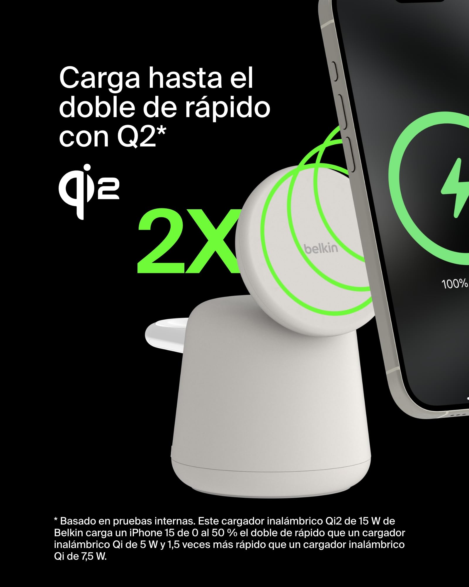Belkin BoostCharge Pro Cargador Inalámbrico 2 en 1 con Qi2 de 15 W, Estación de Carga con MagSafe para iPhone Series 17, iPhone Air, 16, Apple Watch, AirPods y Otros, Fuente de alimentación - Beis