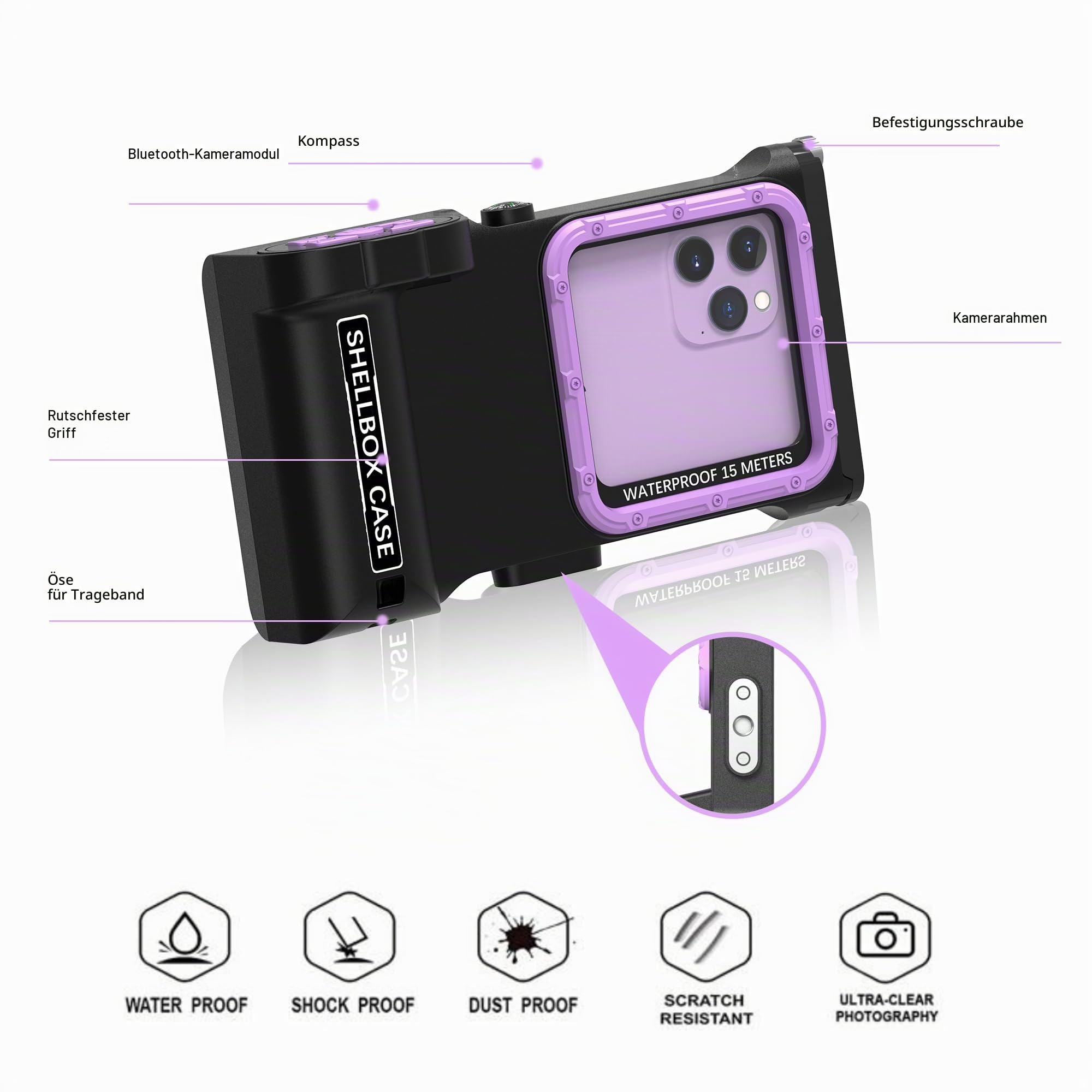 ShellBox Case Tauchtasche 3. Generation für Samsung Galaxy/Handy-Serie, Universal-Handys [4,9–6,9 Zoll], Schnorcheln 15 m, mit Kompass, Bluetooth-gesteuert, Schwarz / Violett