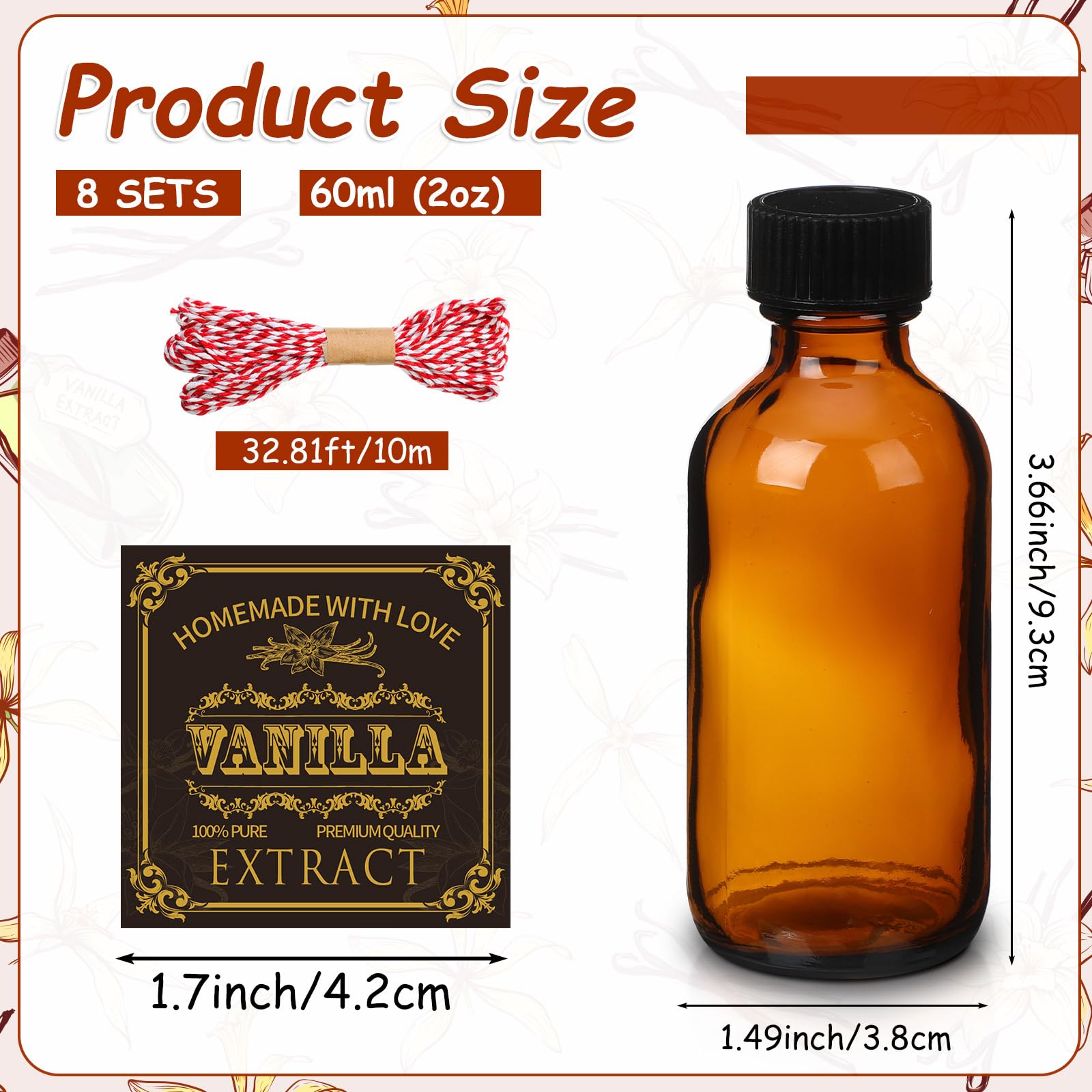Uiifan 8 Pack Vanilla Extract Bottles with 8 Pcs Vanilla Extract Labels Stickers and Hemp Rope Amber Boston Round Bottles Empty Glass Bottles with Lids for Syrup Gift Food Storage Sauce Beans (2 oz)