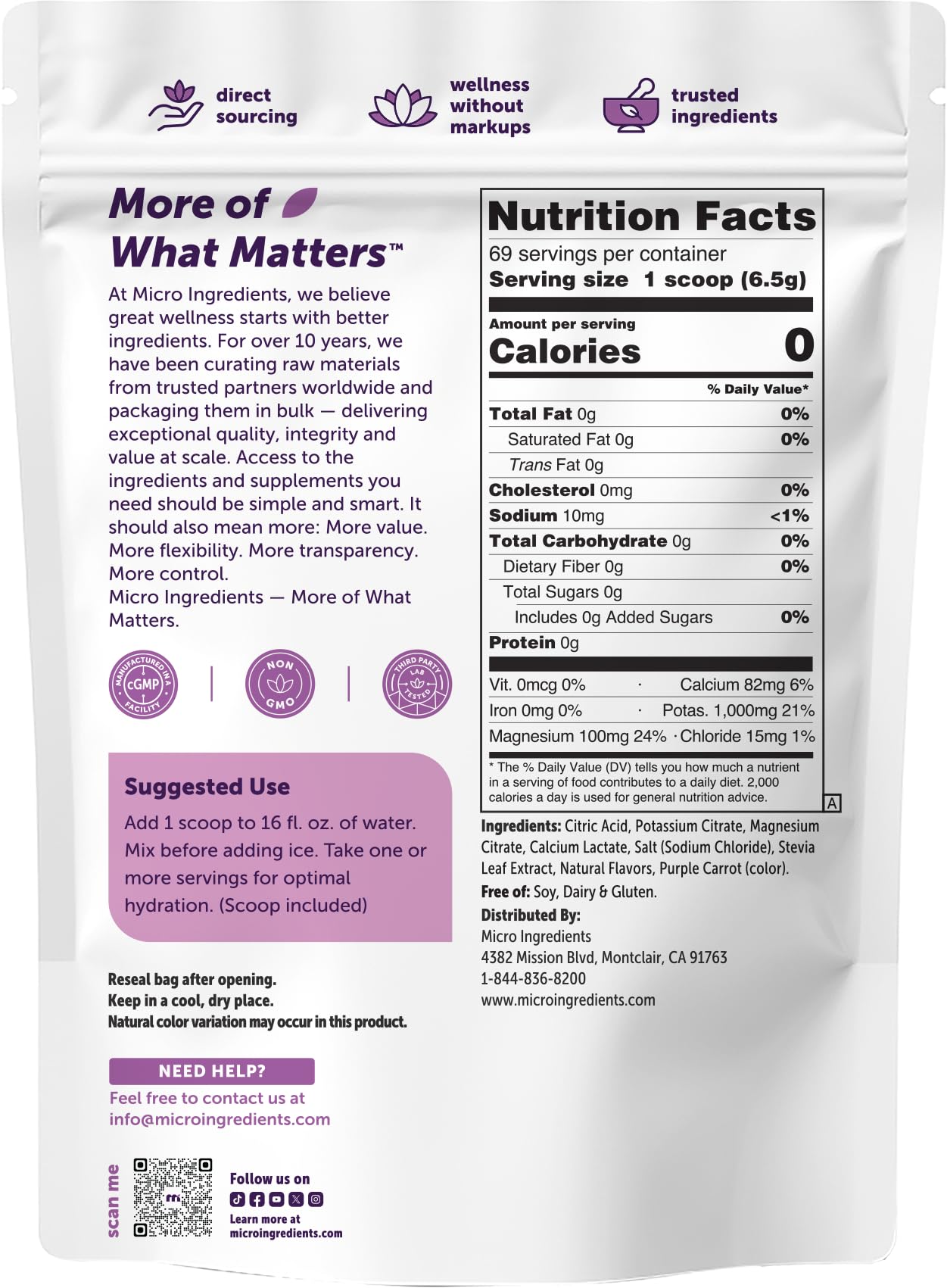 Micro Ingredients Electrolytes Powder, 1lb (69 Servings) | Sugar Free | Sweet Concord Grape Flavor | 1,000 mg High Potassium Hydration Drink Mix | Keto Friendly, Non-GMO — Amazon image 7