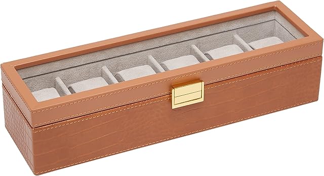 Amazon Basics 6-Slot Watch Box, with Glass Lid and Removable Pillows, Synthetic Alligator Leather - Brown