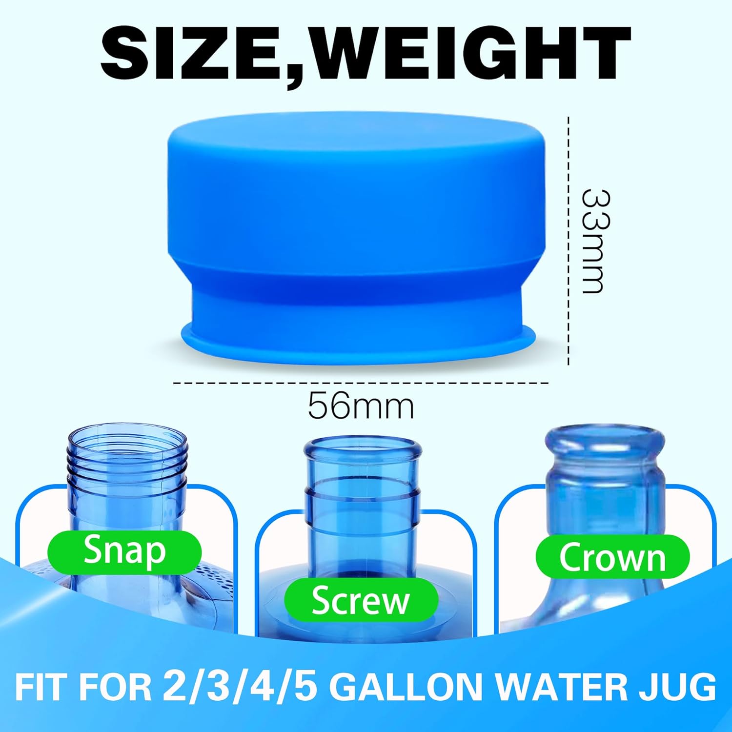 Upgraded 3 and 5 Gallon Water Jug Cap, Silicone Reusable Replacement Cap, No Spill 5 Gallon Water Jug Lid Fits 55mm Bottle, 5 gallon water bottle caps for Outdoor & Kitchen - Pack of 3 - Image 2