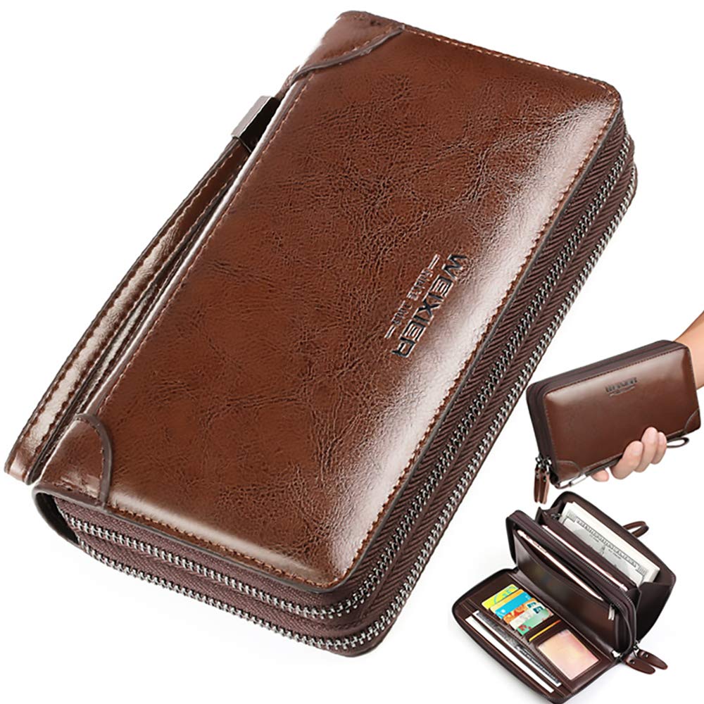 Large Wallet Clutch Long Leather Cellphone Purse Business Hand Cluth Bag Cell Phone Holster Creit Card Holder Card Lots Case Travel Wallet Gift for Men Women Father Husband Boyfriend (Brown)