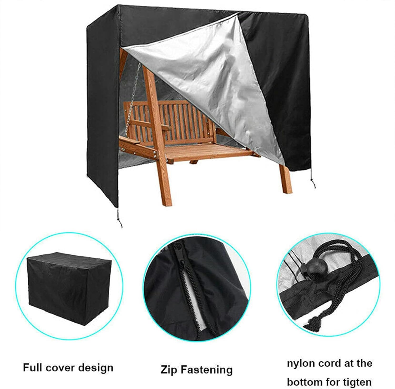 Hollywoodschaukel Abdeckung 3 Sitzer Gartenschaukel,Terrassenschaukel-Abdeckung Wasserdicht Schutzhülle Abdeckhülle für Hollywoodschaukel, mit 2 Reißverschlüssen,200x125x170cm/79x49x67inch-1