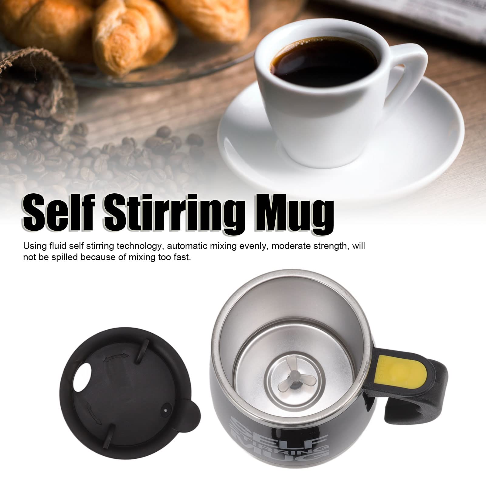 QANYEGN Electric Stirring Coffee Cup, Automatic Mixing Mug, Stainless Steel Coffee Cup for Coffee, Chocolate, Milk, Tea (Black)