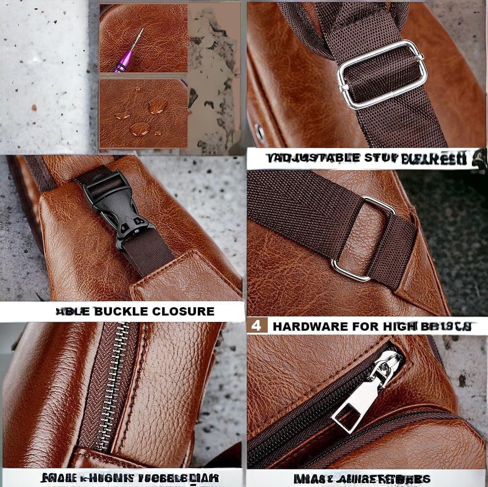 Miniatura 5 de Bolso bandolera de cuero personalizado - Bolso cruzado para hombre - Bolso de pecho para hombre - Mochila bandolera con puerto de carga USB - Bolsa