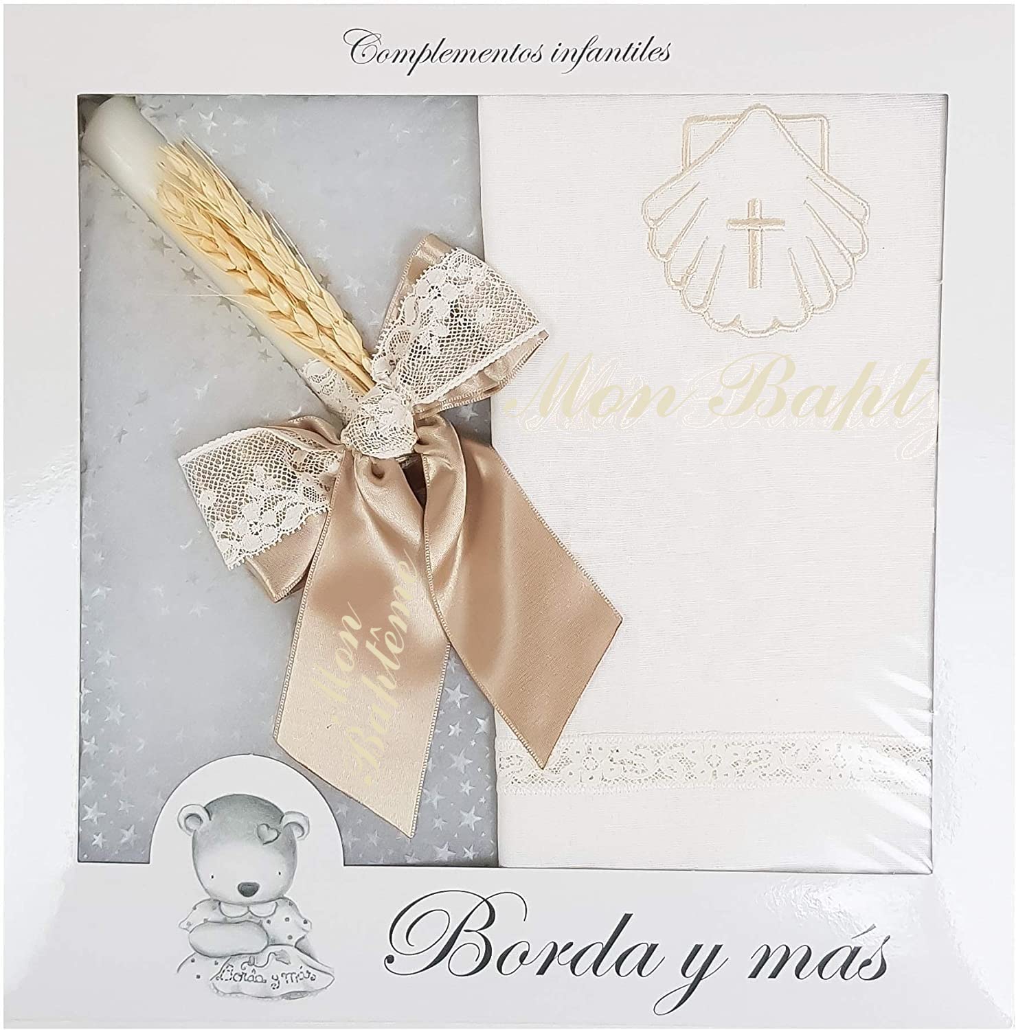 Kit de Bougie et Lange personnalisé pour Baptême - Pack de Cierge décorée pour Baptême et Mouchoir brodés avec le nom et la date du baptême - Modèle Paris (Camel)