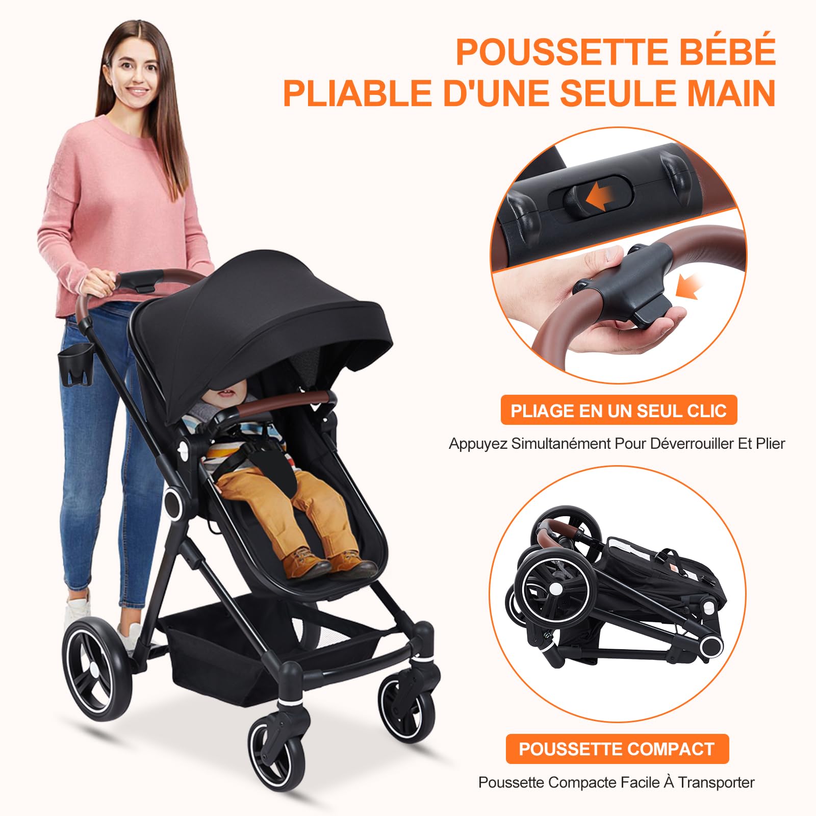 Garvee Poussette Compacte 2 en 1 Système de Voyage Pliable en Un Clic, Cadre en Aluminium pour 0-36 Mois