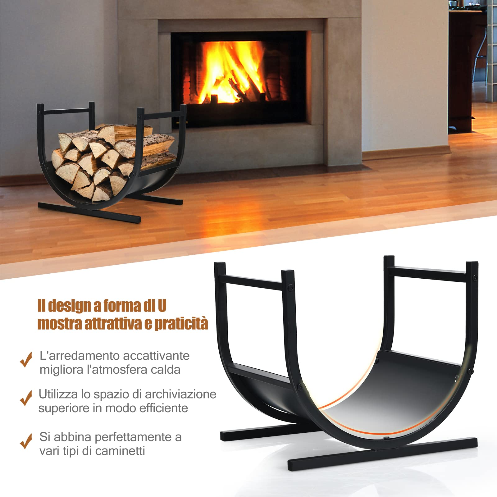 COSTWAY Porta Legna per Interni ed Esterni a Forma di U, Porta Legna per Camino in Acciaio con Base Stabile e Custodia di Trasporto, Portalegna da Ardere per Caminetto e Braciere (44 x 37 x 39,5 cm)