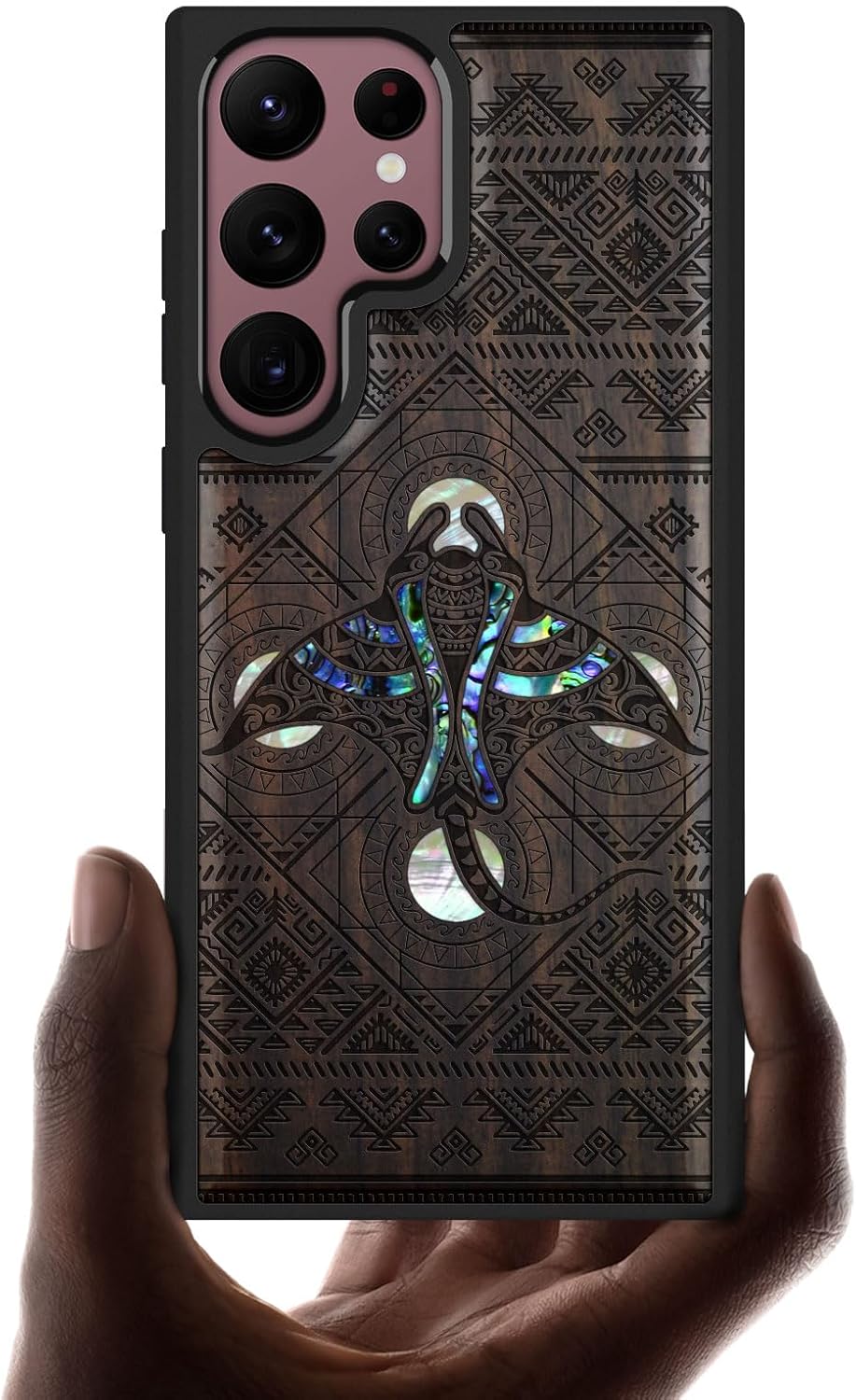 Carveit Designer Wooden Cover for Samsung Galaxy S22 Ultra Case [Wood Engraving & Shell Inlay] Compatible with Wireless Chargers S22 Ultra (The Tribal Manta Rays-Blackwood)