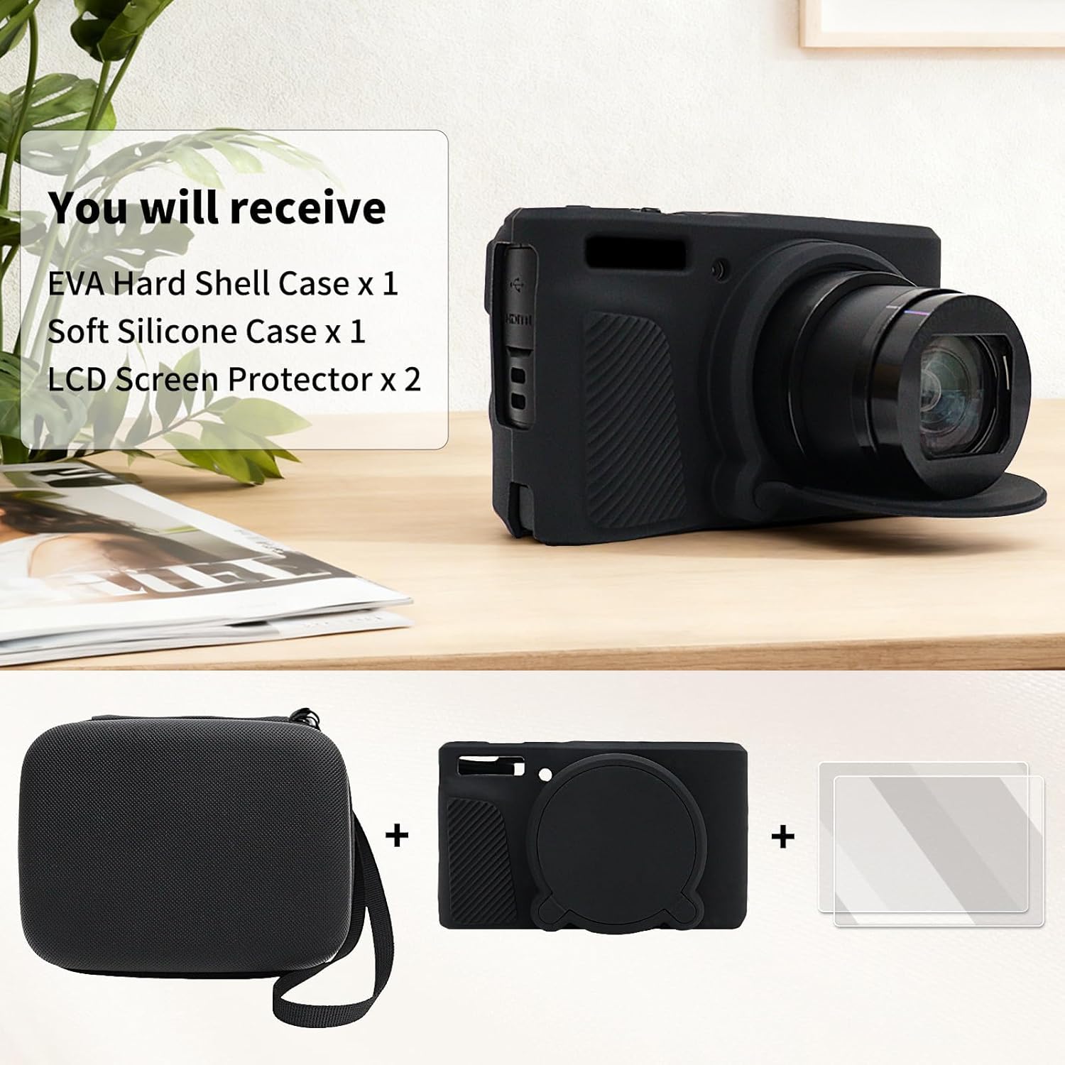 VOVMOEYA Camera Case for Canon PowerShot SX730/SX740 HS, sx730/740 hs camera case Accessories Kit,EVA Hard Carrying Bag + Soft Silicone Protective Cover + 2 LCD Tempered Films-Black