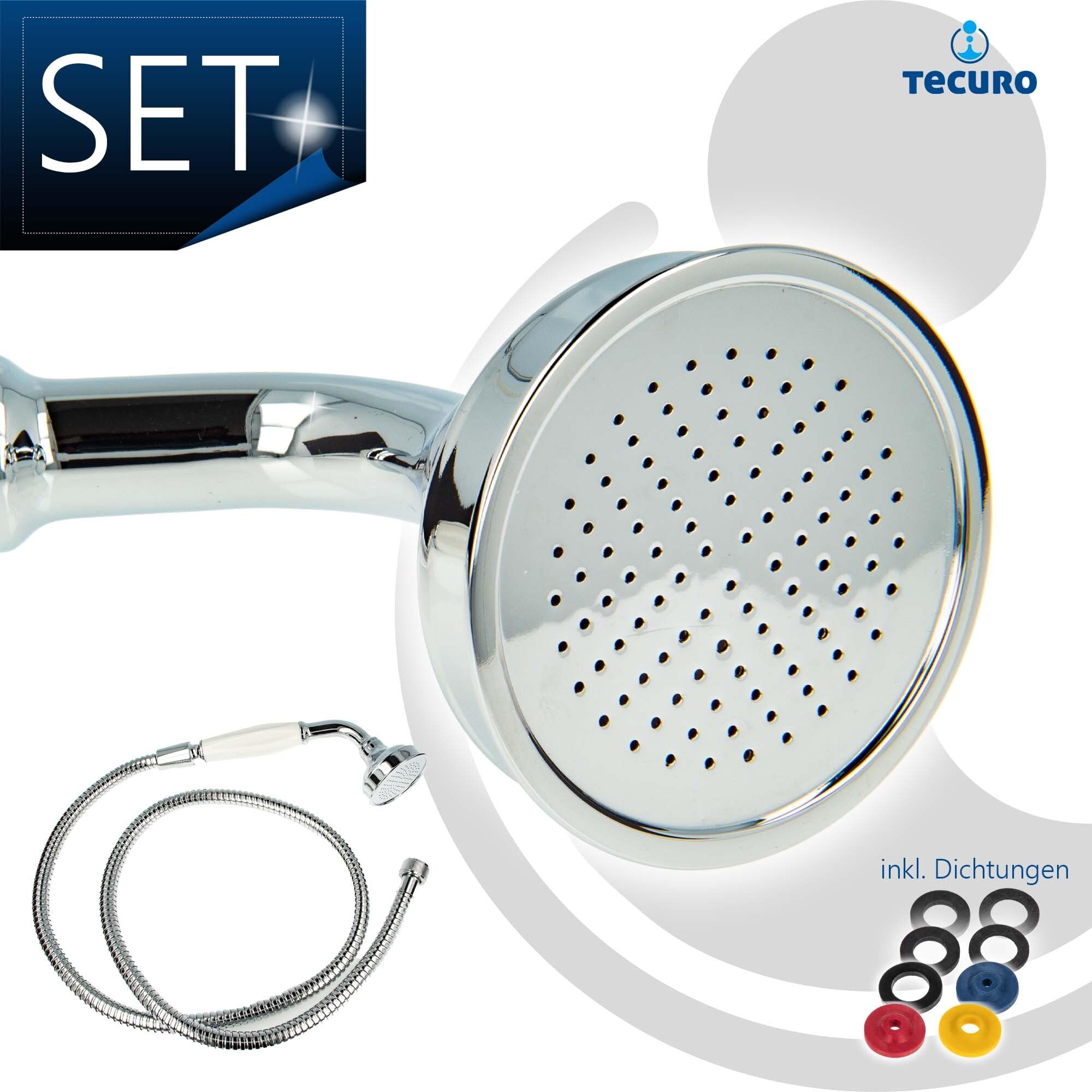 tecuro Nostalgie - Handbrause Ø 65 mm, 1-strahlig, mit 75 cm Metallbrauseschlauch verchromt