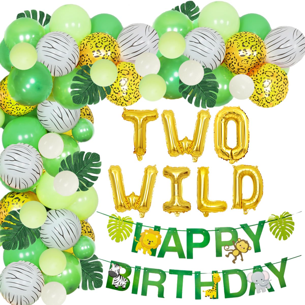 JOYMEMO Jungle Theme 2nd Birthday Party Supplies Safari Balloons Garland Arch Kit Decorations, TWO WILD Animals Balloons, Green Artificial Palm Leaves