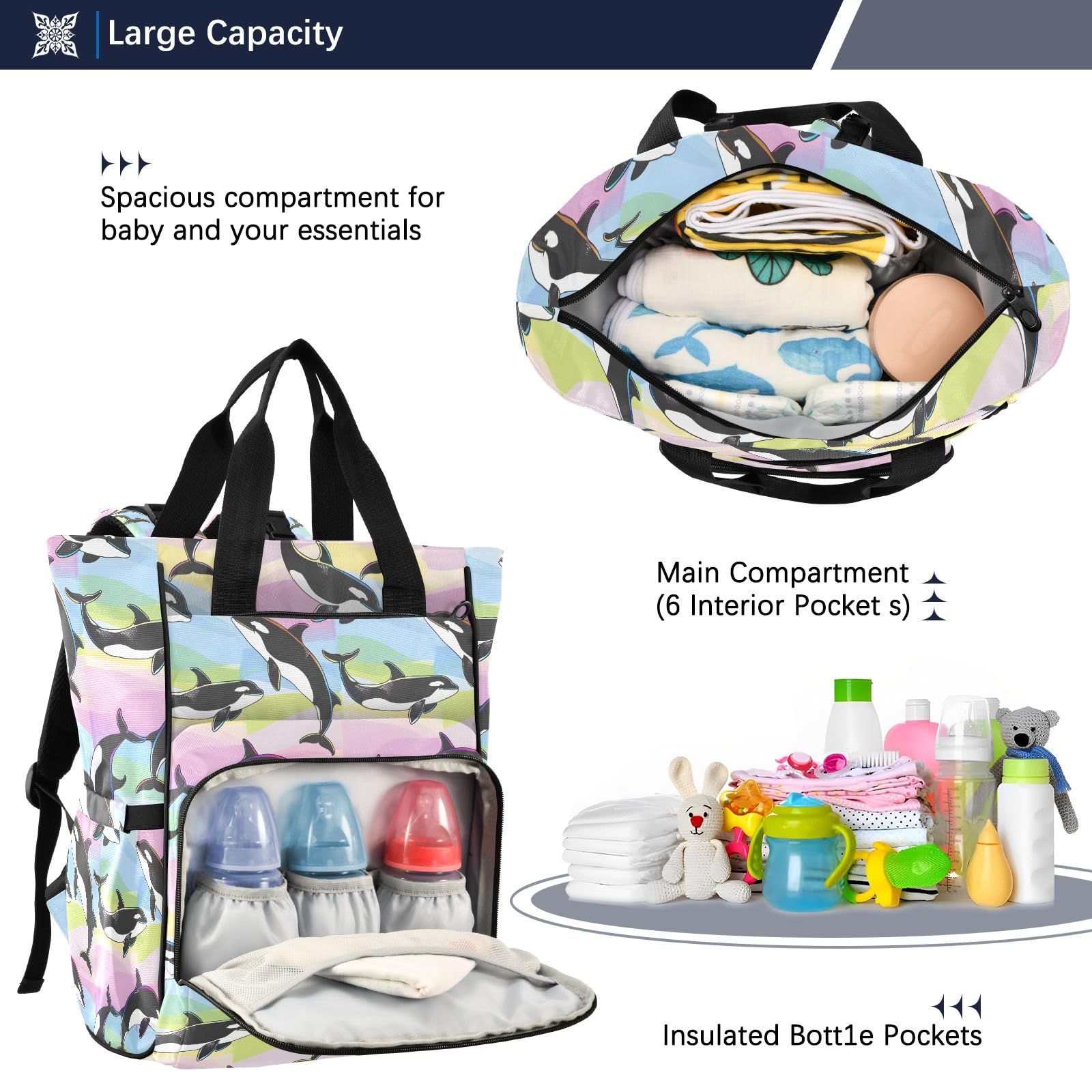 Mnsruu Carino Cartoon Rainbow Orcas Jumping Baby Diaper Bag Zaino Grande Borsa Impermeabile Viaggio Borse per pannolini per mamme e papà