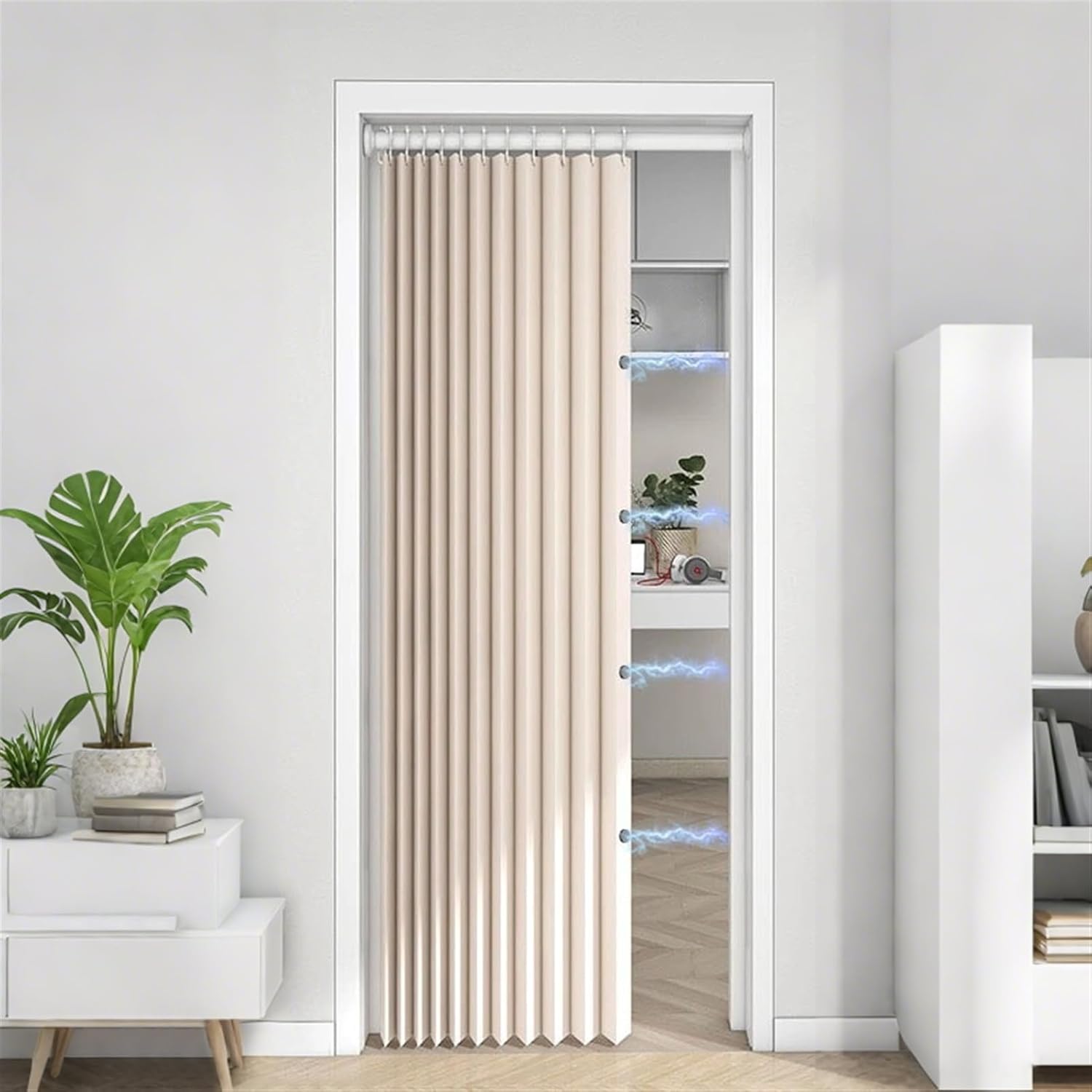 Blackout Magnetic Accordion Door Curtain, Privacy Pleated Folding Door Curtain for Doorway, Bedroom, Living Room, Beige, 40" W x 96" L