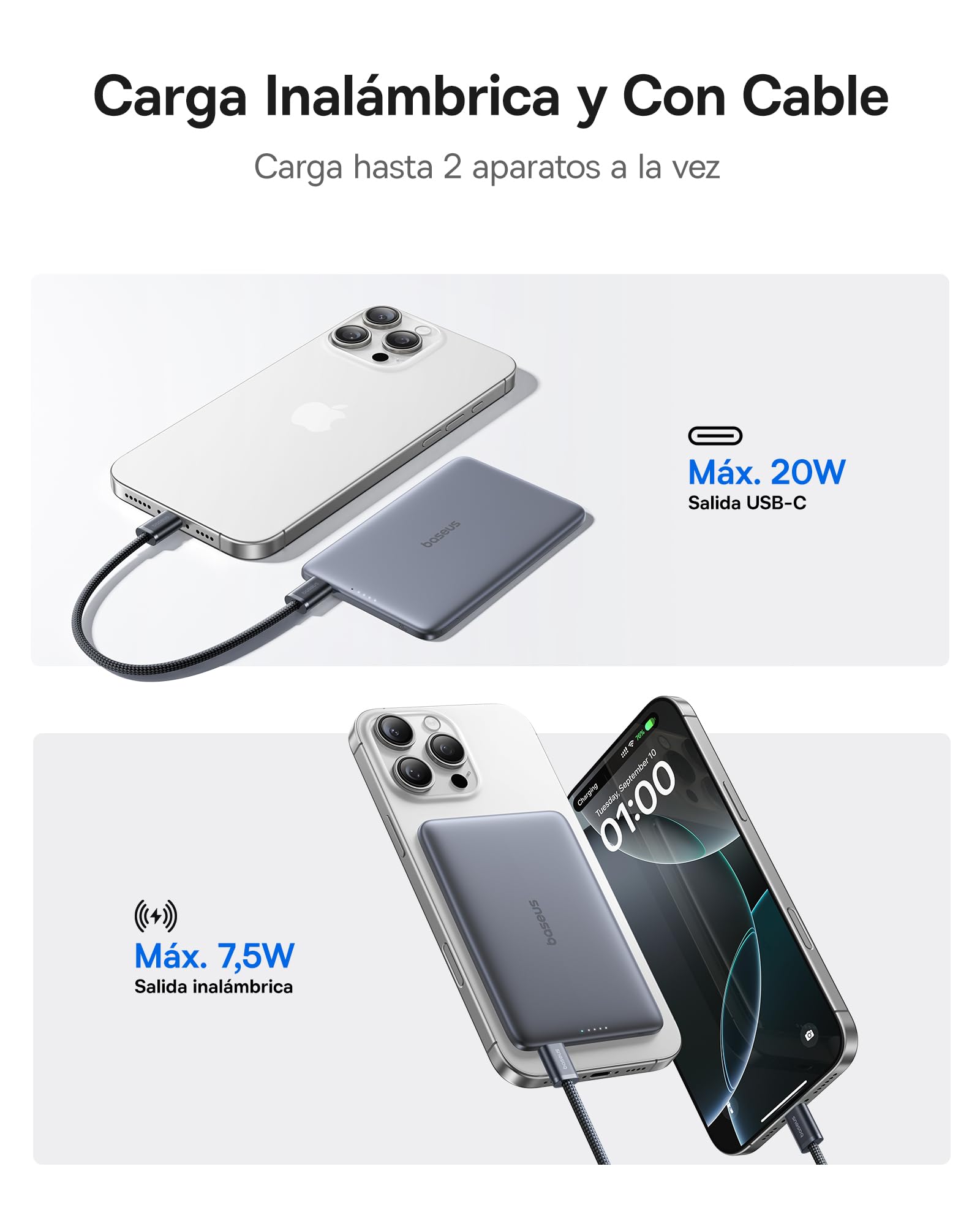 Baseus Picogo AM41 Power Bank, Ultra Slim 5000 mAh Magsafe Powerbank, PD 20 W, Carga rápida, portátil, Mini batería Externa inalámbrica magnética con Cable USB C para iPhone 16/15/14/13/12, Gris