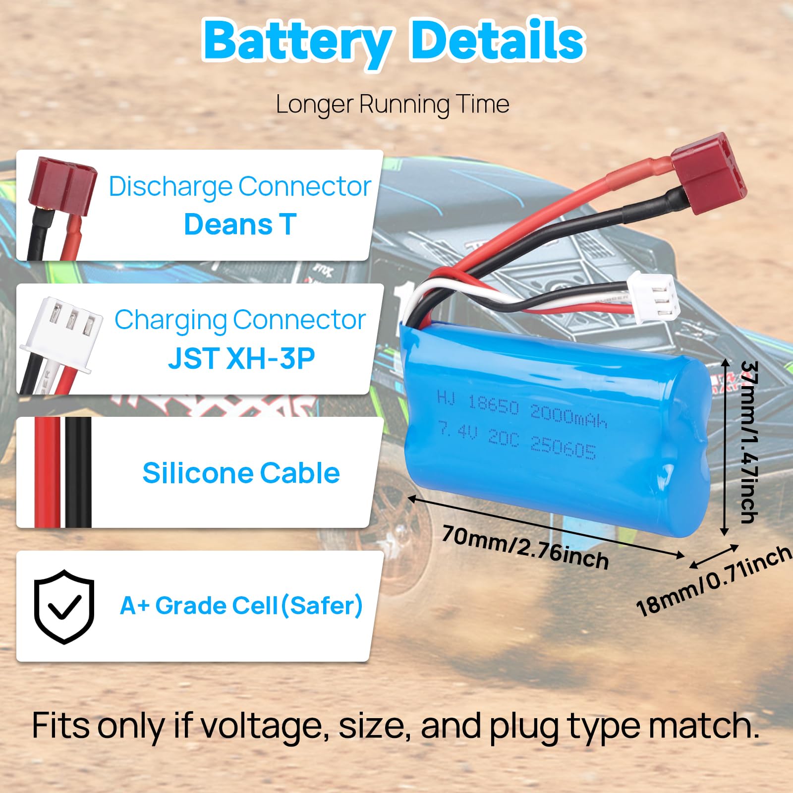 Zestaw akumulatorów 2 szt. 7,4 V 2000 mAh ze złączem T Dean i ładowarką USB, akumulator litowy 2S do samochodów WLtoys 4WD High-Speed RC oraz samochodów RC i ciężarówek