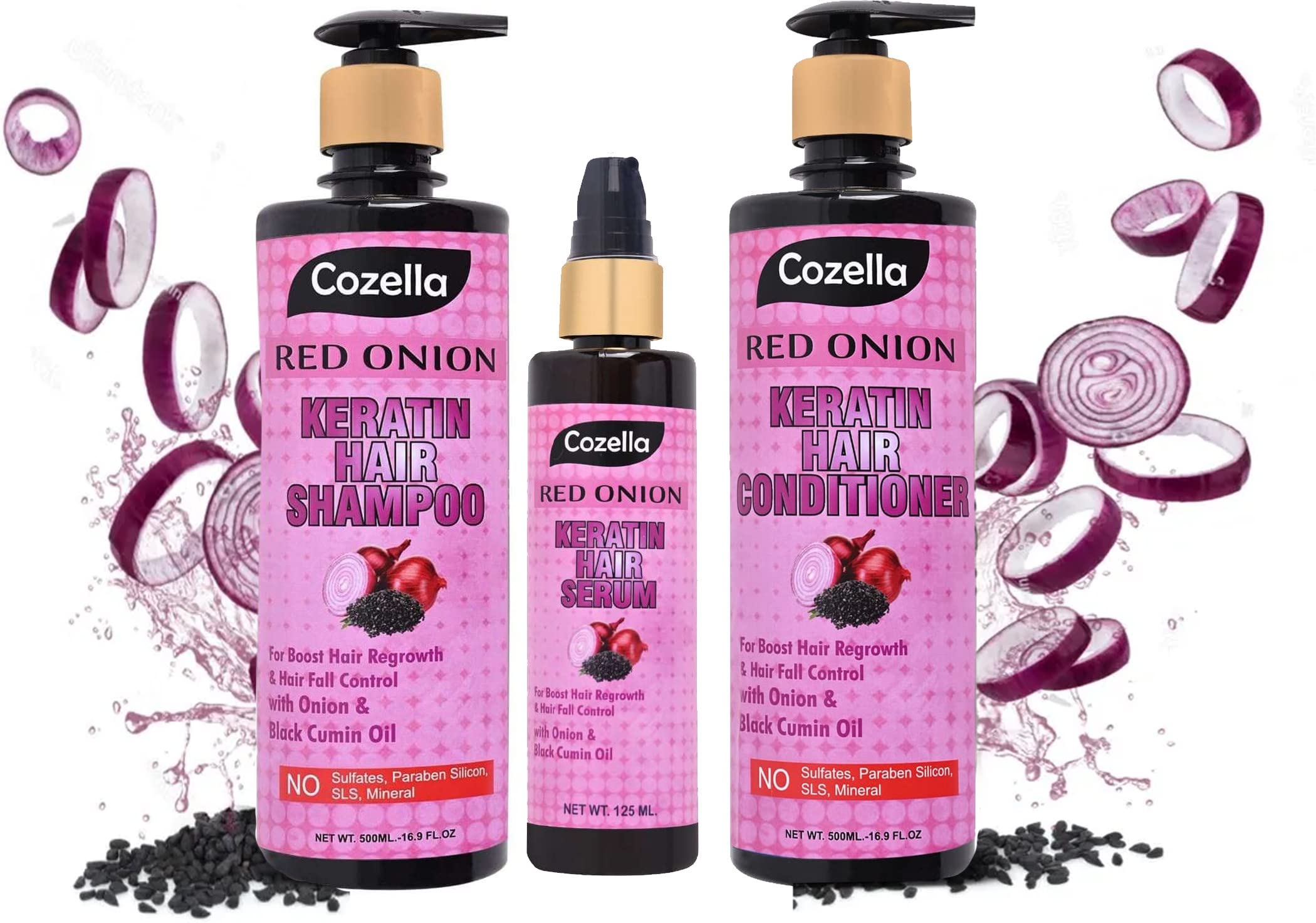 Cozella Red Onion Keratin Hair Shampoo 500ml and Conditioner 500ml & Hair Serum 125ml - Sulfates, Paraben, Silicone Free Pack of-3