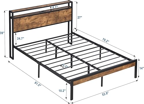Miniatura 9 de Marco de cama industrial moderno de metal tamaño Queen con cabecera y estribo de madera con USB y estación de carga, no necesita somier, gran