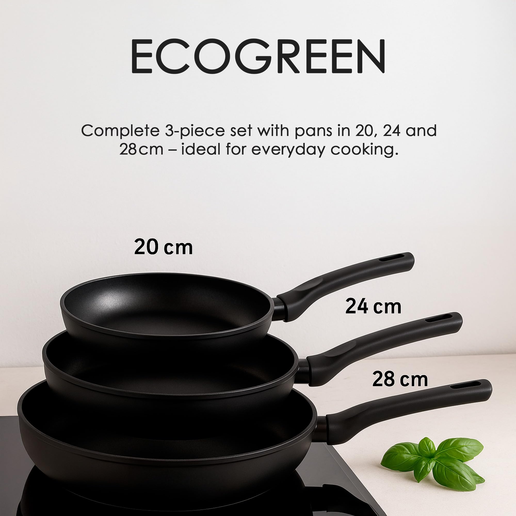 Wecook! Ecogreen Juego de Sartenes Antiadherentes Set de 3 sartenes 20-24-28 cm de Aluminio Prensado – Apta para todas las cocinas Inducción, Gas y Vitrocerámica, libre PFOA, Mango Soft Touch, Negro