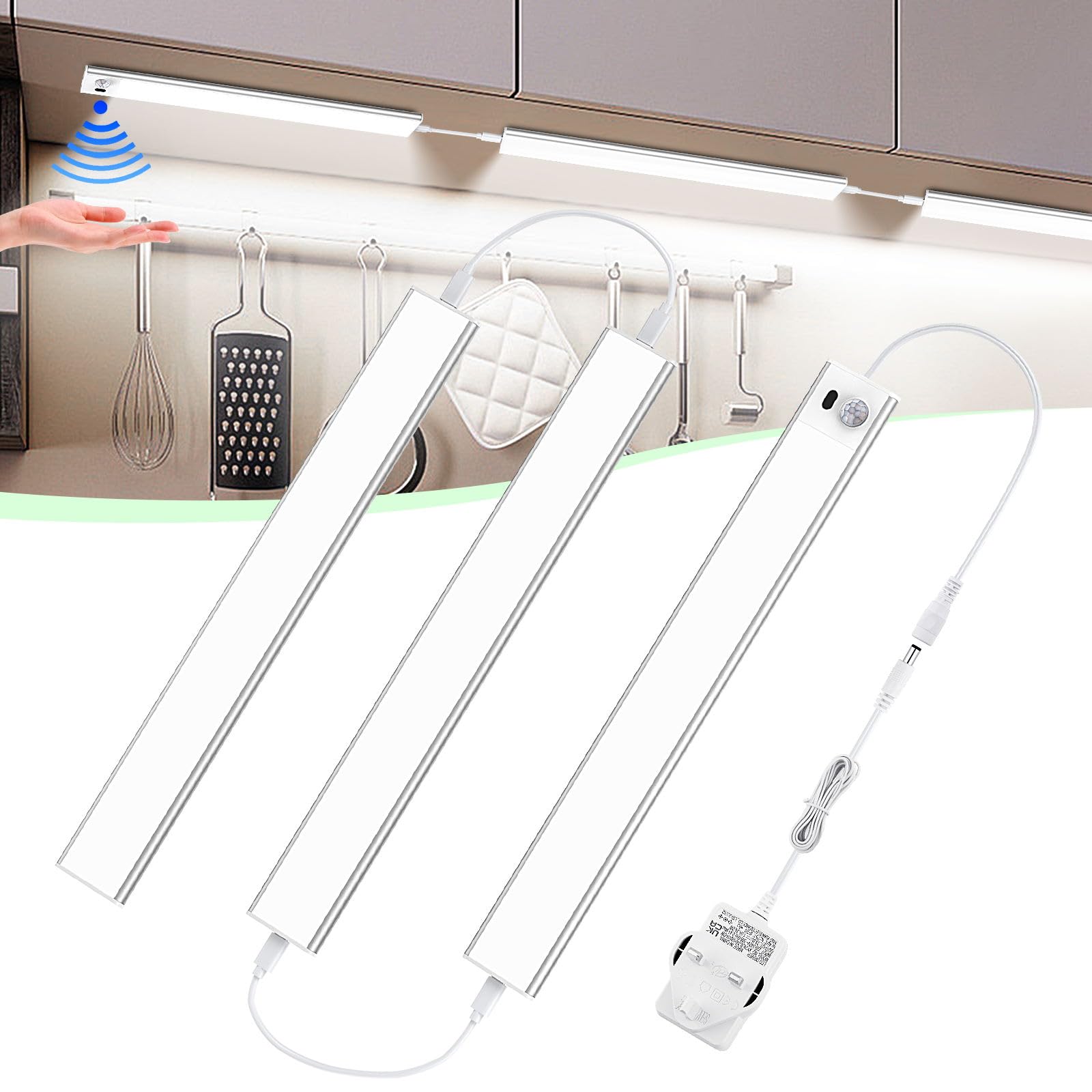 LGMCFUnder Cupboard Kitchen Lights, 3×30CM Touchless Activated Under Cabinet Light with Hand Wave & Motion Sensor, 24W Plug in LED Light Bar, Dimmable Super Bright Stick on Lights for Counter, Closet