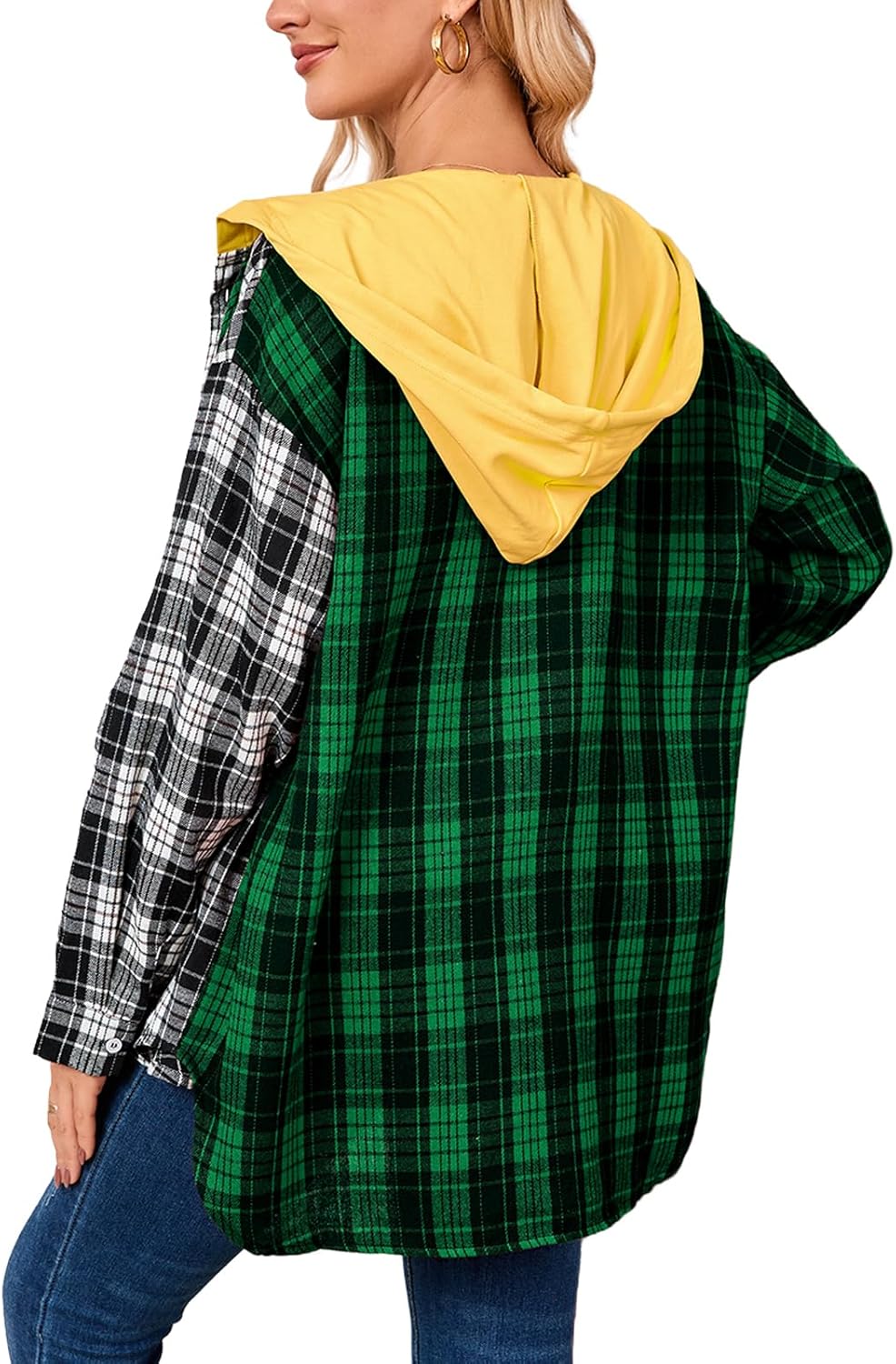 Women’s Button Down Shirt Plus Size Blouse Shirts Tartan Plaid Color Block Casual Oversized Boyfriend Hooded Outwear - Image 6