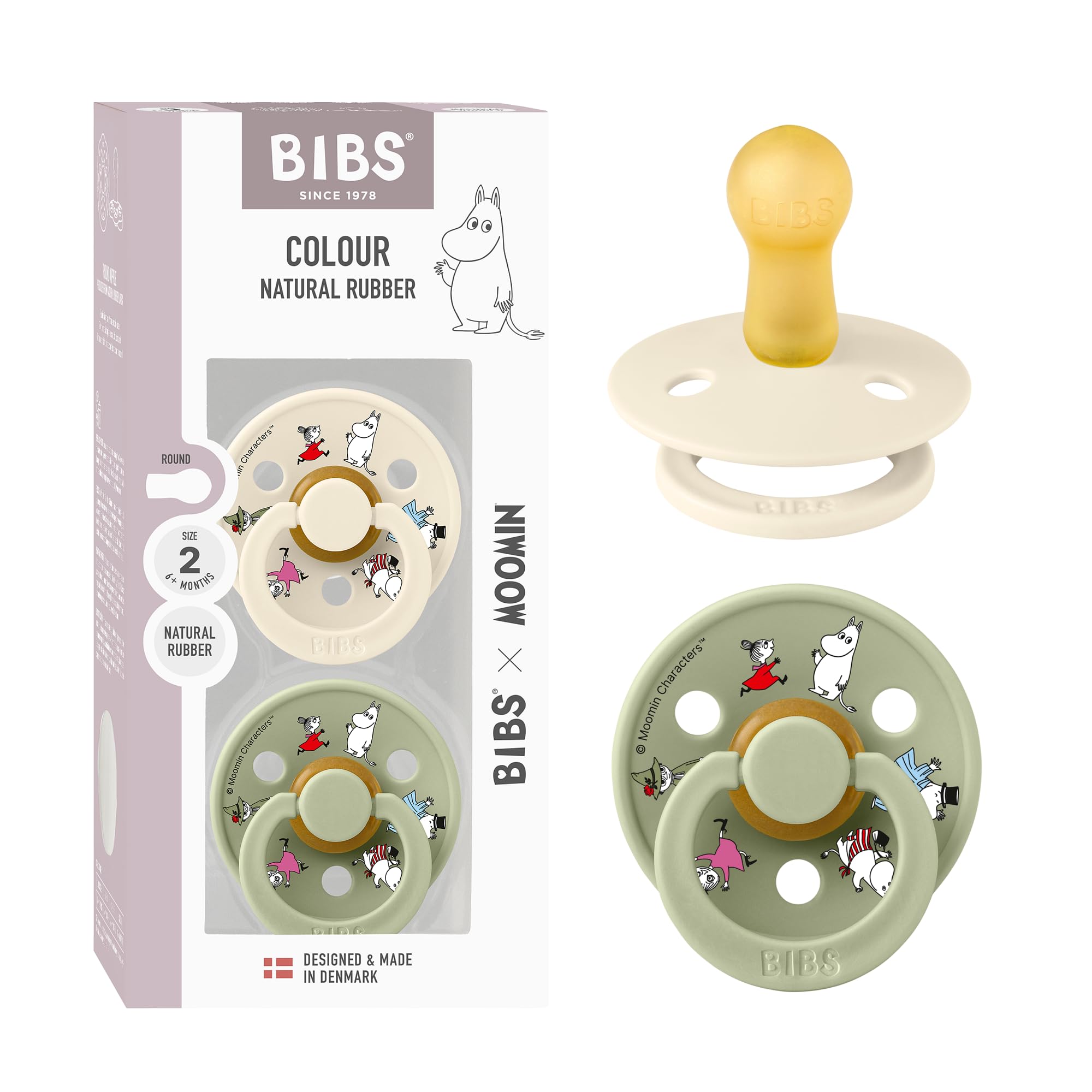 BIBS Colour Moomins Schnuller 2er-Pack, BPA-frei, Kirschform Nippel. Naturkautschuk/Latex, Hergestellt in Dänemark, Größe 2 (6-18 Monate), Ivory/Sage