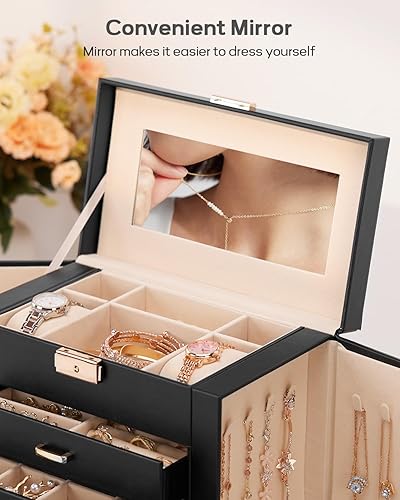 Miniatura 7 de Homde Regalos de Navidad de cuero sintético, enorme joyero, organizador de reloj con espejo, collar, anillo y aretes, estuche de regalo con Dorado