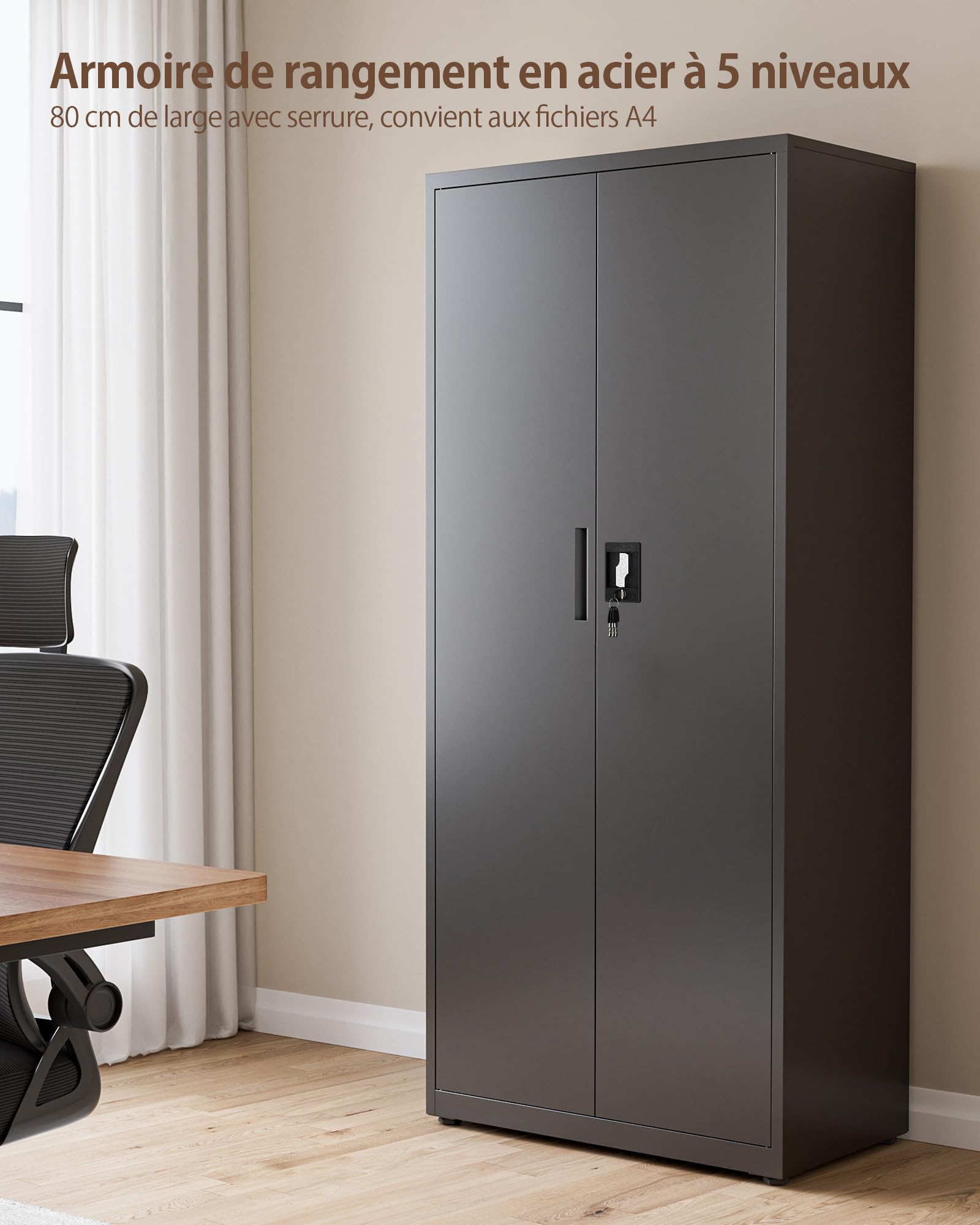 LAND·VOI Armoire en Acier 5 Niveaux avec Serrure Étagères Réglables Portes Battantes Armoire de Bureau Rangement Métallique pour Bureau Garage Cuisine Atelier 80×40×181.5 cm Noir