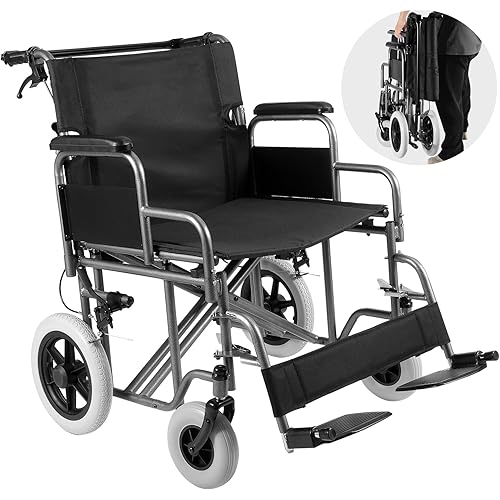 VEVOR Wheelchair, Carbon Steel Transport Chair for Adults, Foldable Wheelchair with Detachable Armrest, Self-Locking Brake, 24-Inch Wide Seat, 300lbs Weight Capacity, for The Disabled Move Freely