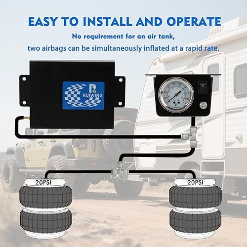 Miniatura 7 de Kit de compresor de bolsa de aire, sistema de compresor de aire a bordo con compresor de suspensión neumática, manómetro, herrajes y línea de aire,