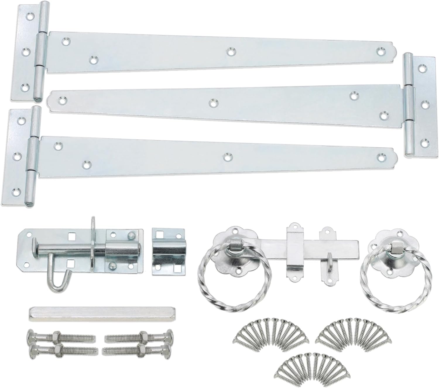Infinity Decor® Garden Gate Ironmongery Kit for Wooden Garden Gate, Shed, Barn in Zinc for External Use - 3x12” 300mm Tee Hinges, 1x6” Twisted Ring Latch & 1x4" Brenton Bolt in Premium Quality