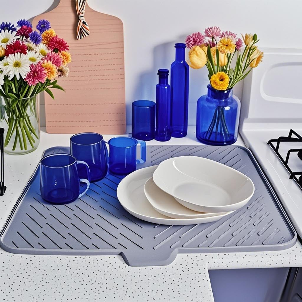 Silicone Dish Drying Mat with Drain Lip 23" x 17" Dish Drying Mat for Kitchen Counter or Sink, Non-Slip Draining Mats for Multiple Usage Easy to Clean, Heat-resistant Drying Pad (Extra Large)